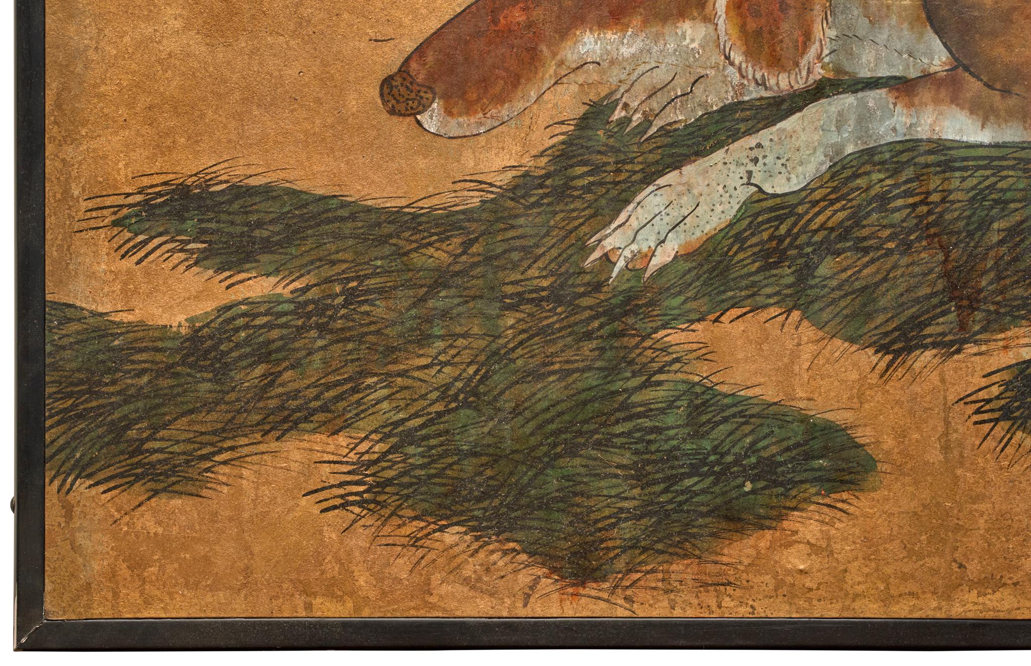 Gold Leaf Japanese Two Panel Screen: European Hounds For Sale