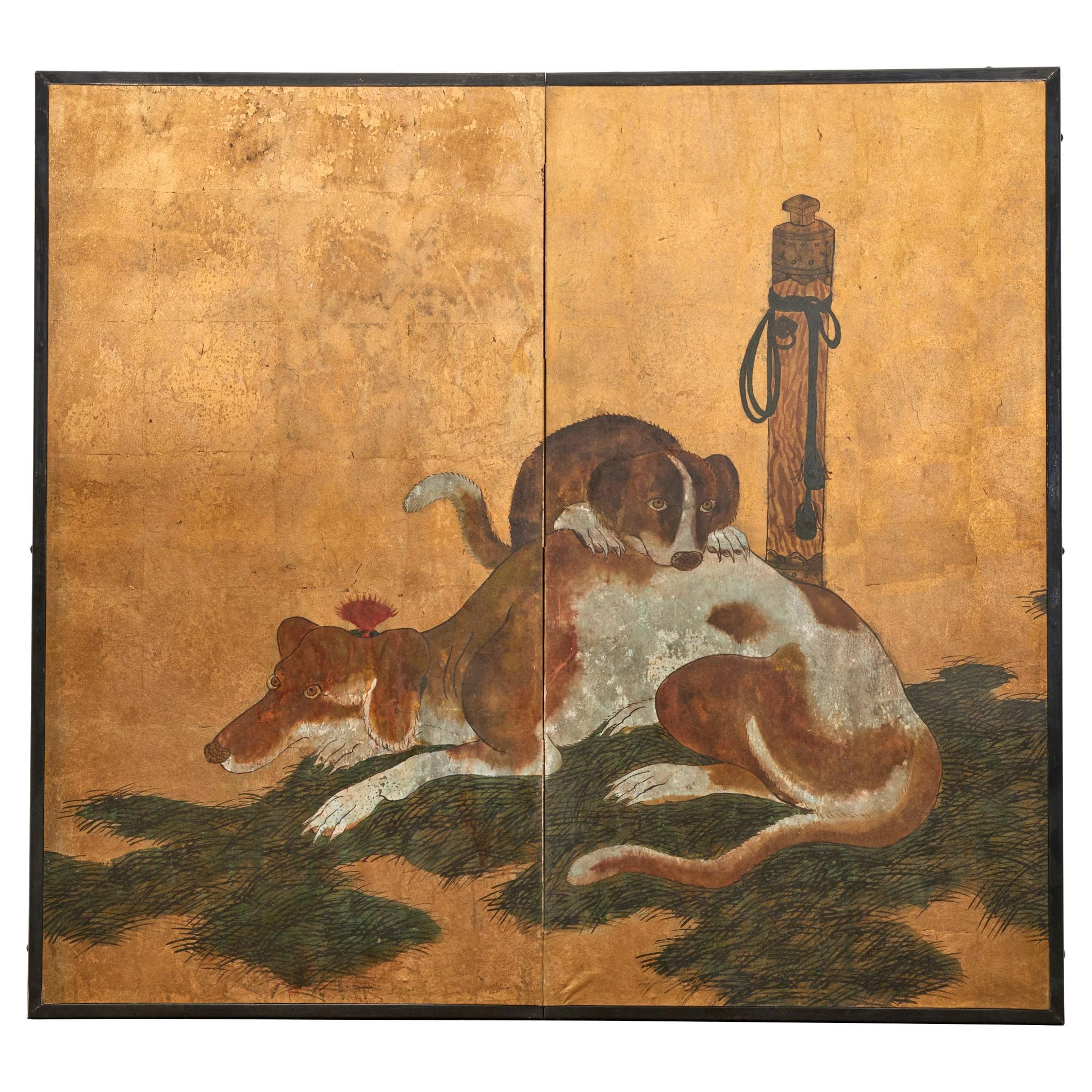 Japanese Two Panel Screen: European Hounds For Sale