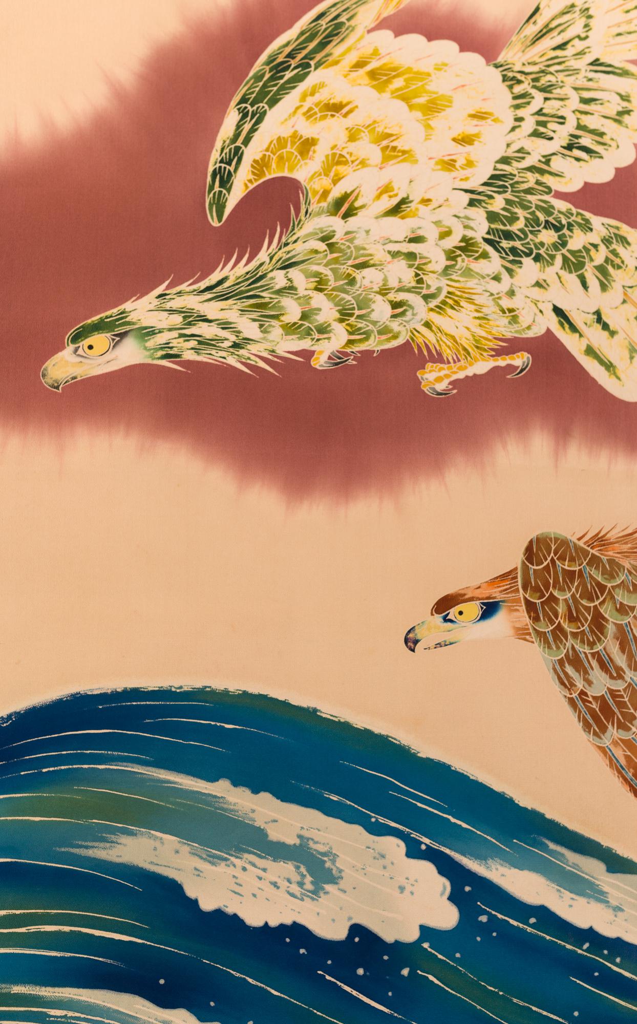 Showa Japanese Two Panel Screen Falcons in Flight