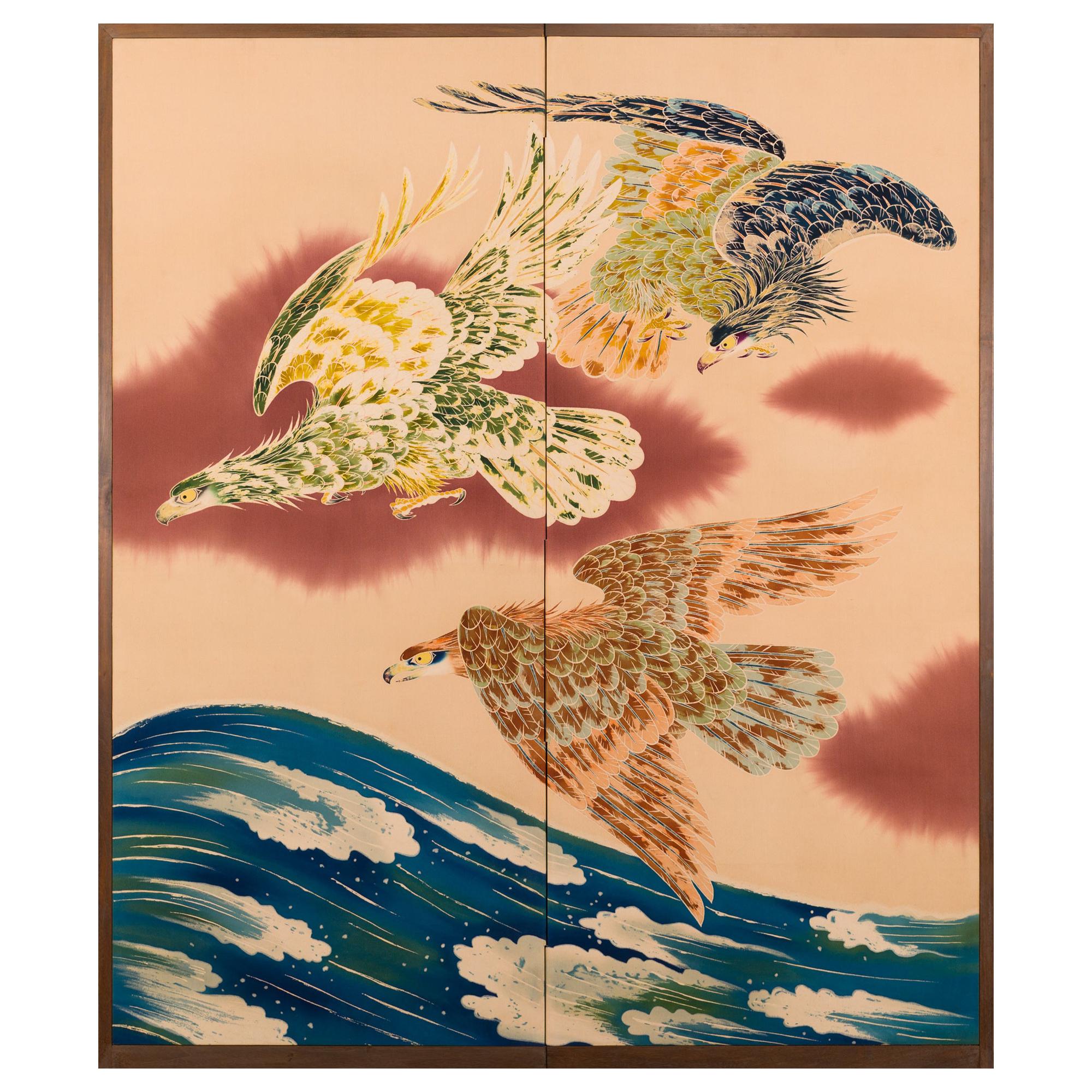 Japanese Two Panel Screen Falcons in Flight