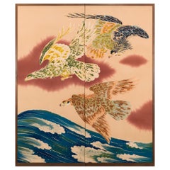 Japanese Two Panel Screen Falcons in Flight