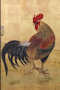Japanese Two Panel Screen: Family of Chickens on Gold Leaf