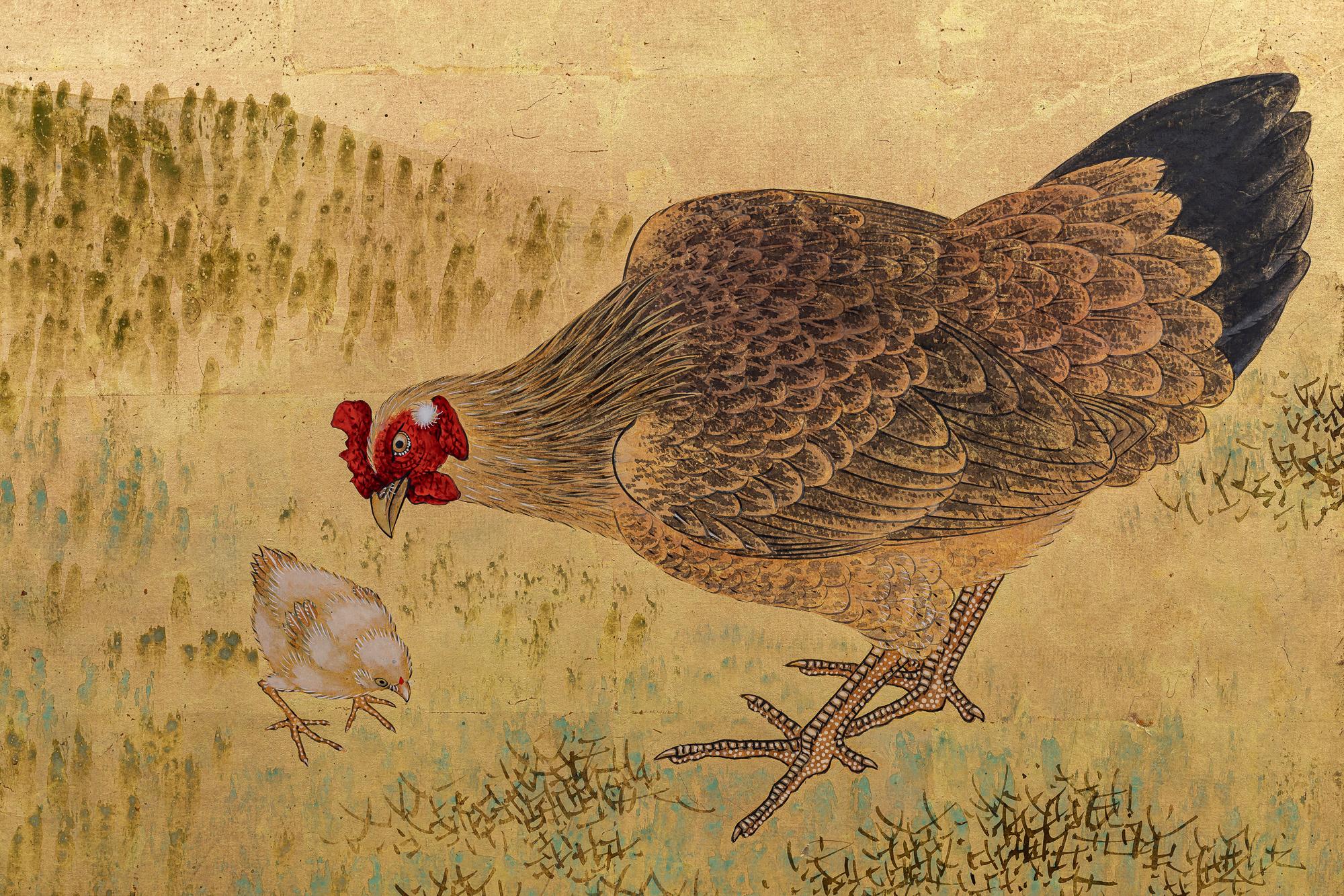 Late 19th Century Japanese Two Panel Screen: Family of Chickens on Gold Leaf For Sale