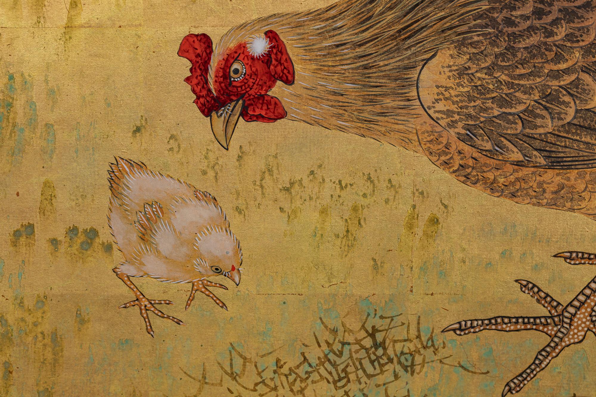 Paper Japanese Two Panel Screen: Family of Chickens on Gold Leaf For Sale
