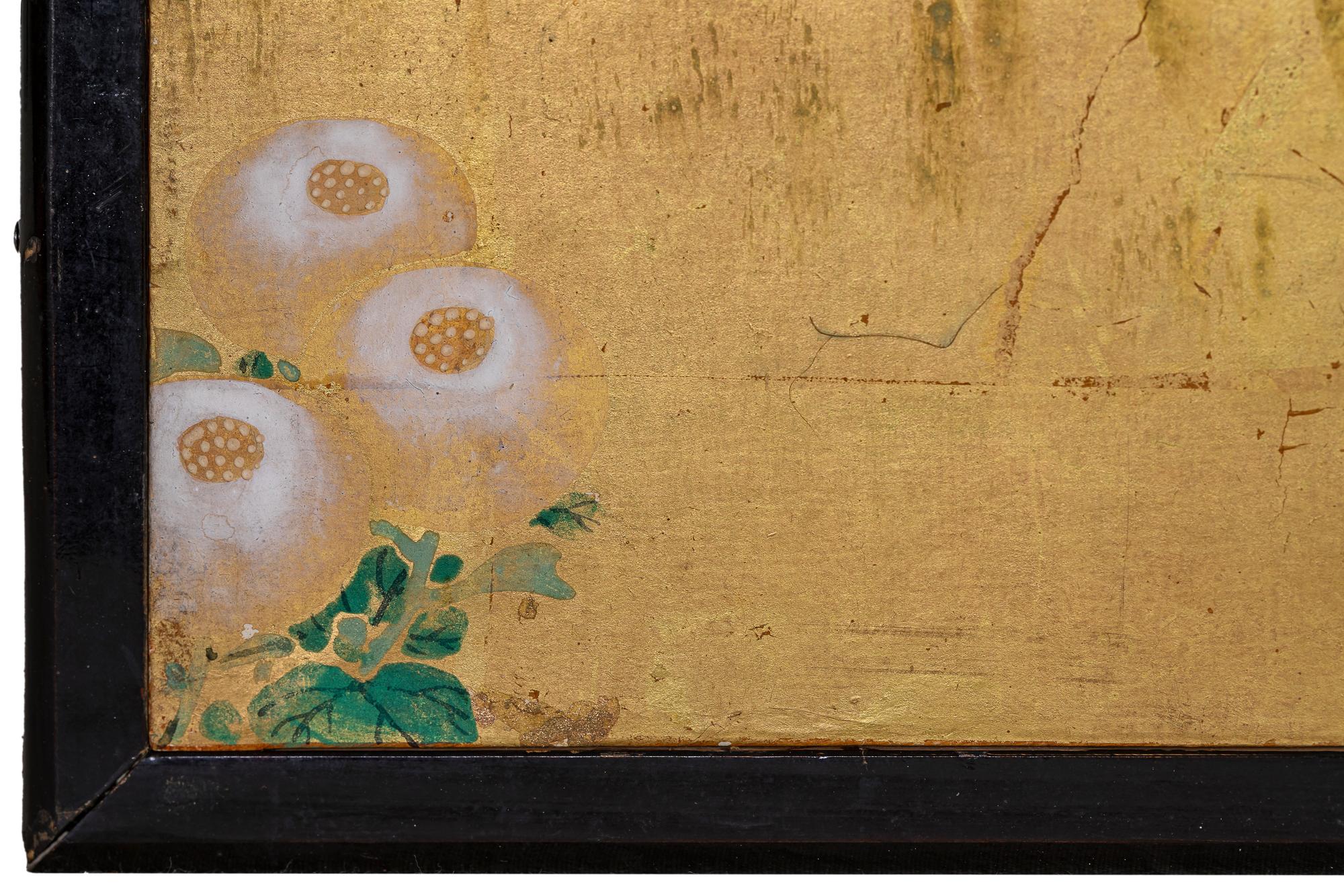 Japanese Two Panel Screen: Family of Chickens on Gold Leaf For Sale 1