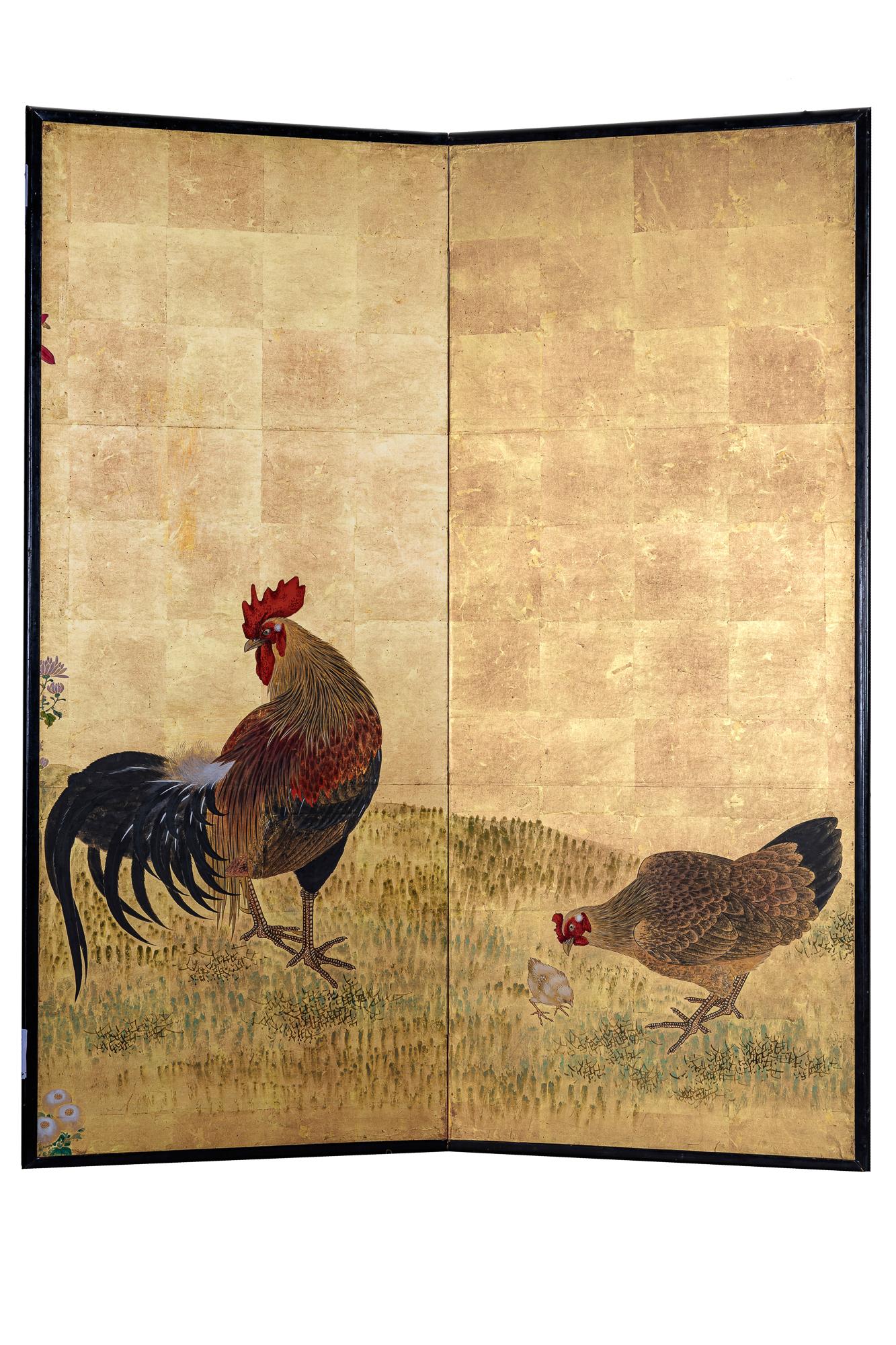 Japanese Two Panel Screen: Family of Chickens on Gold Leaf For Sale 3