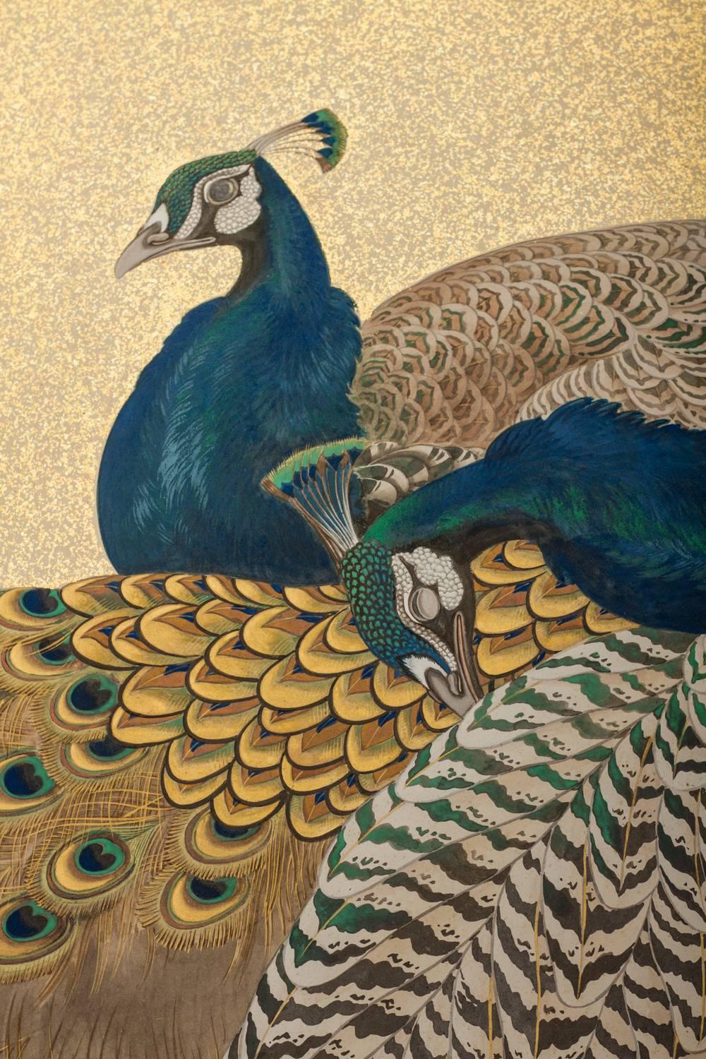 20th Century Japanese Two-Panel Screen, Family of Peafowl
