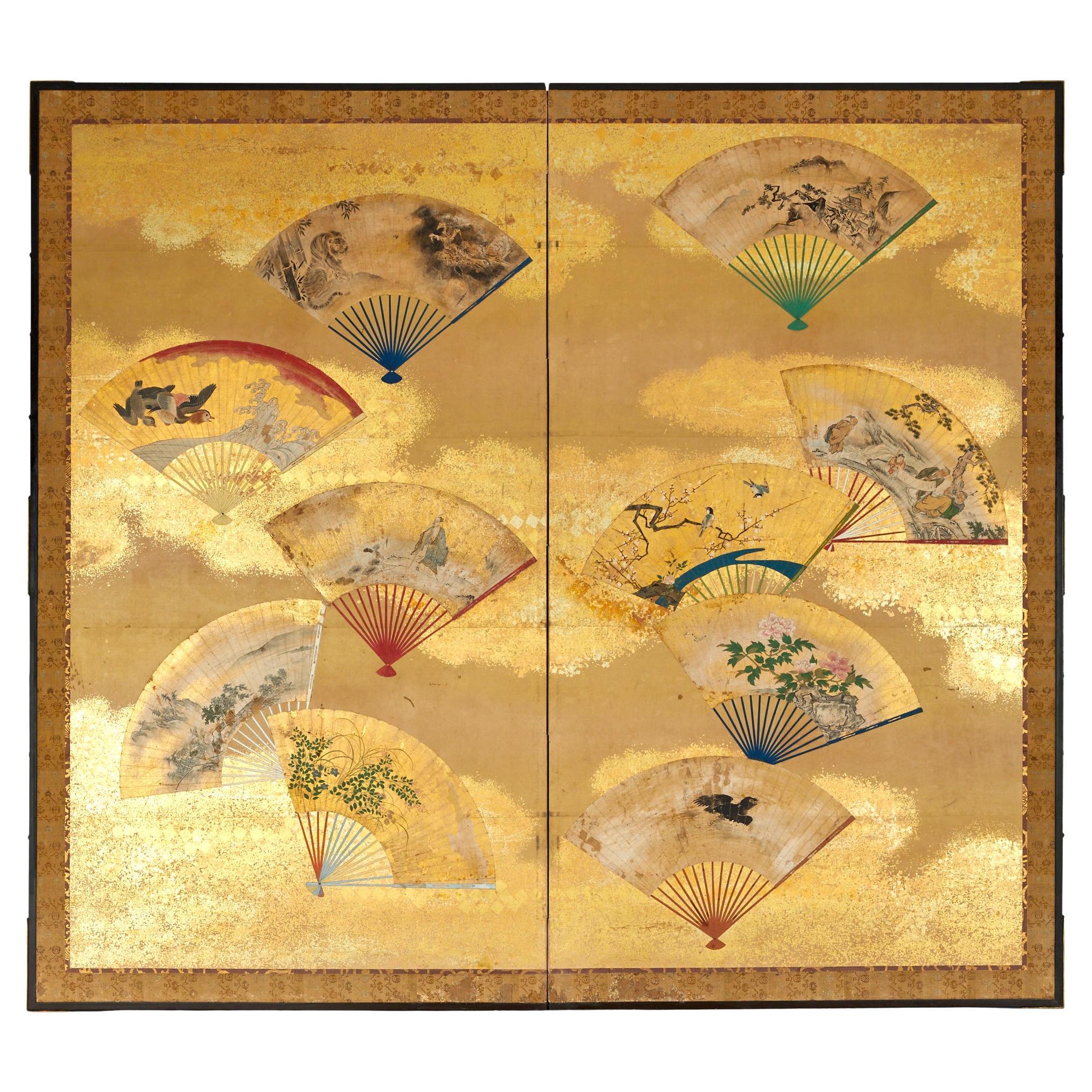 Japanese Two Panel Screen: Fans For Sale