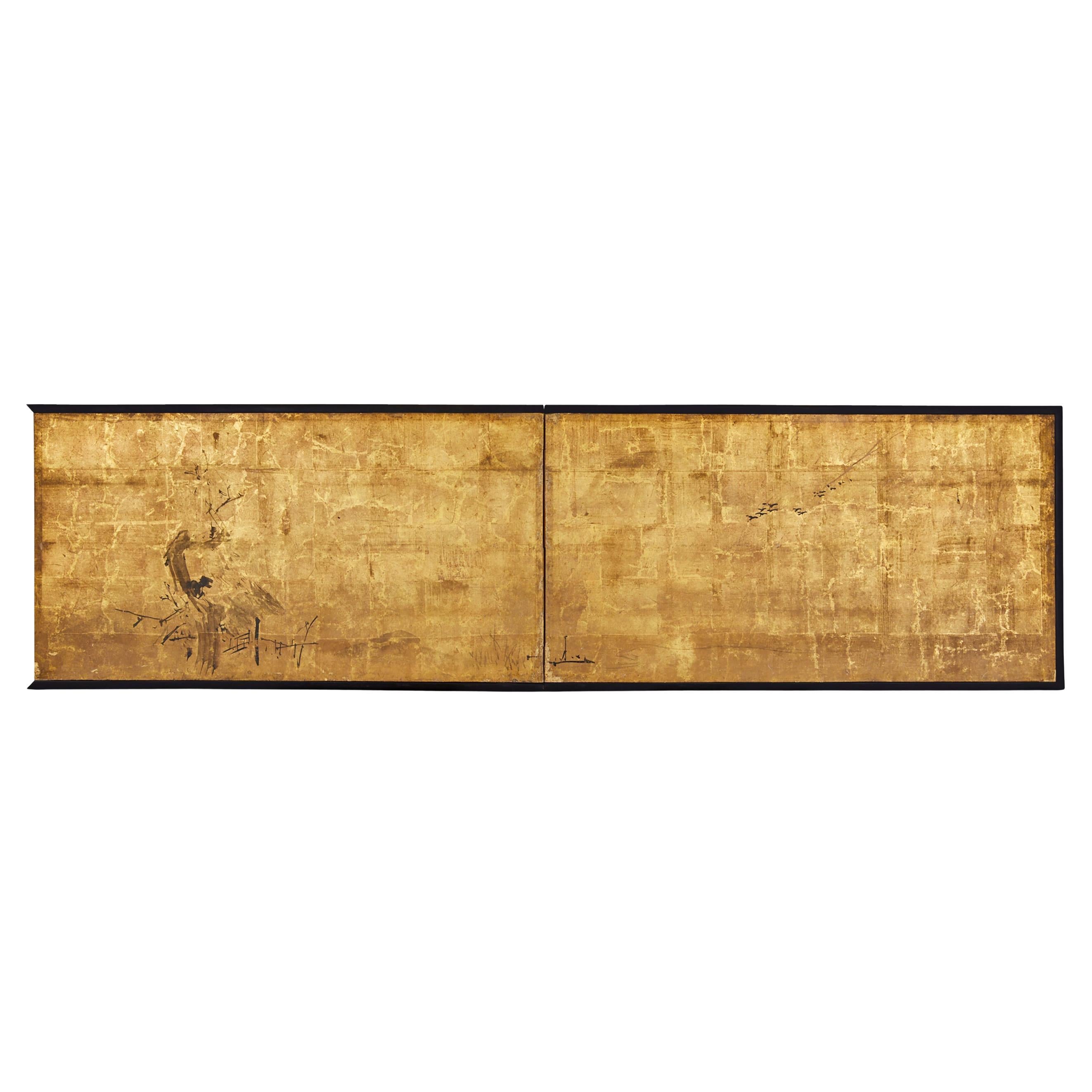 Japanese Two Panel Screen: Farm House