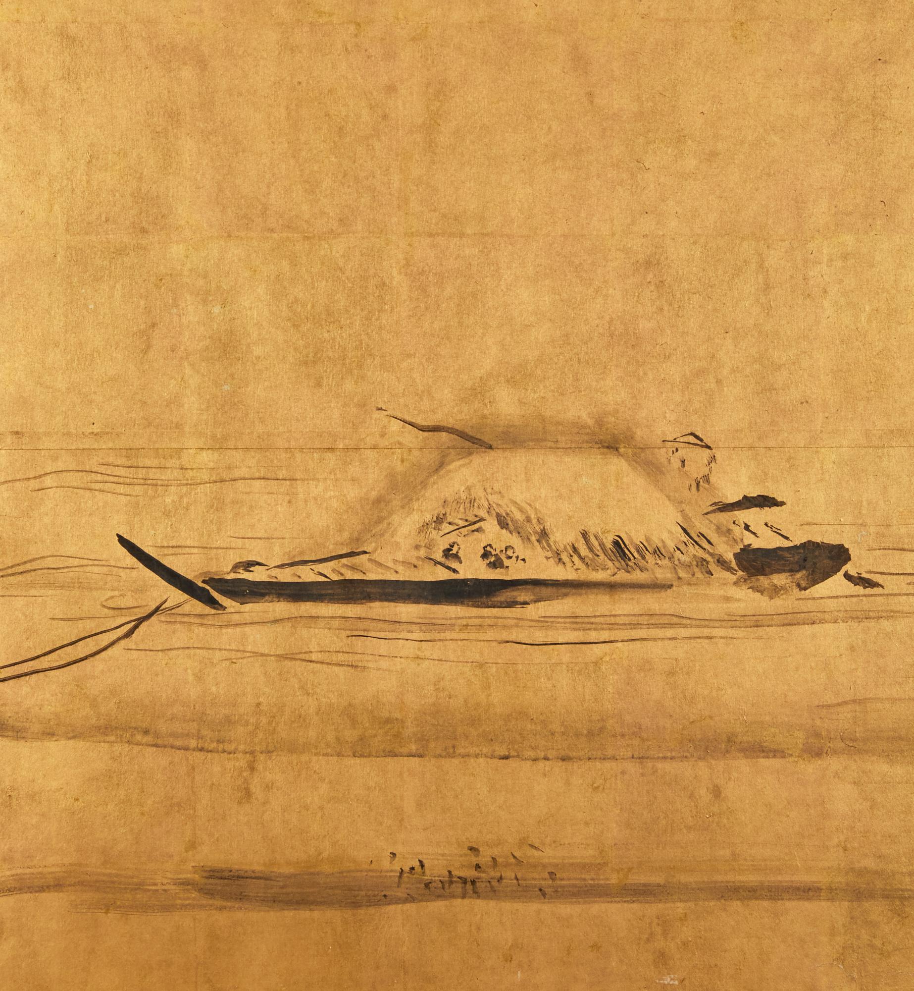 Japanischer Zwei-Panel-Bildschirm: Fischen auf dem Flachland im Zustand „Gut“ im Angebot in Hudson, NY