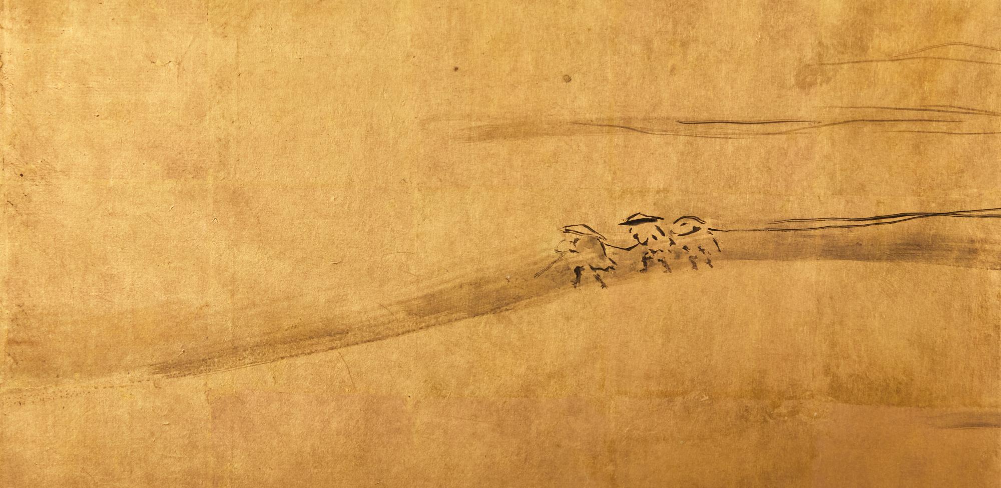 Japanischer Zwei-Panel-Bildschirm: Fischen auf dem Flachland (19. Jahrhundert) im Angebot