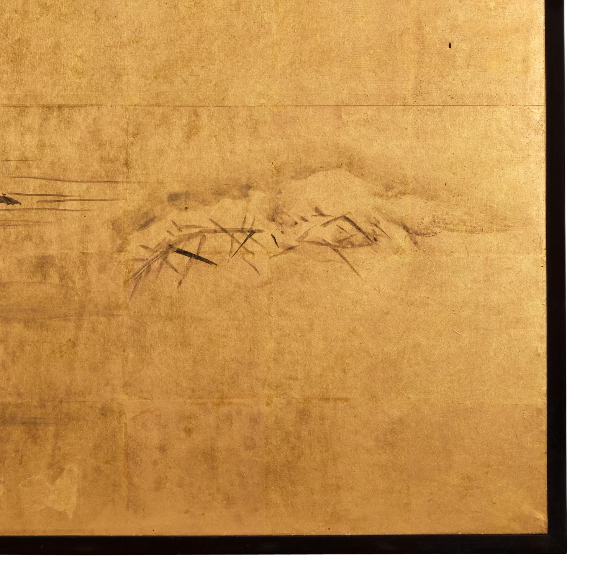 Japanischer Zwei-Panel-Bildschirm: Fischen auf dem Flachland (Blattgold) im Angebot