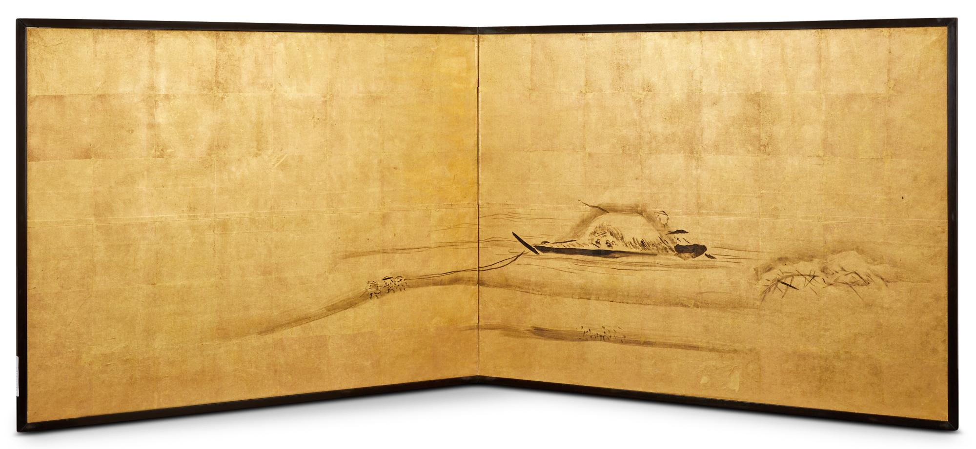 Japanischer Zwei-Panel-Bildschirm: Fischen auf dem Flachland im Angebot 4