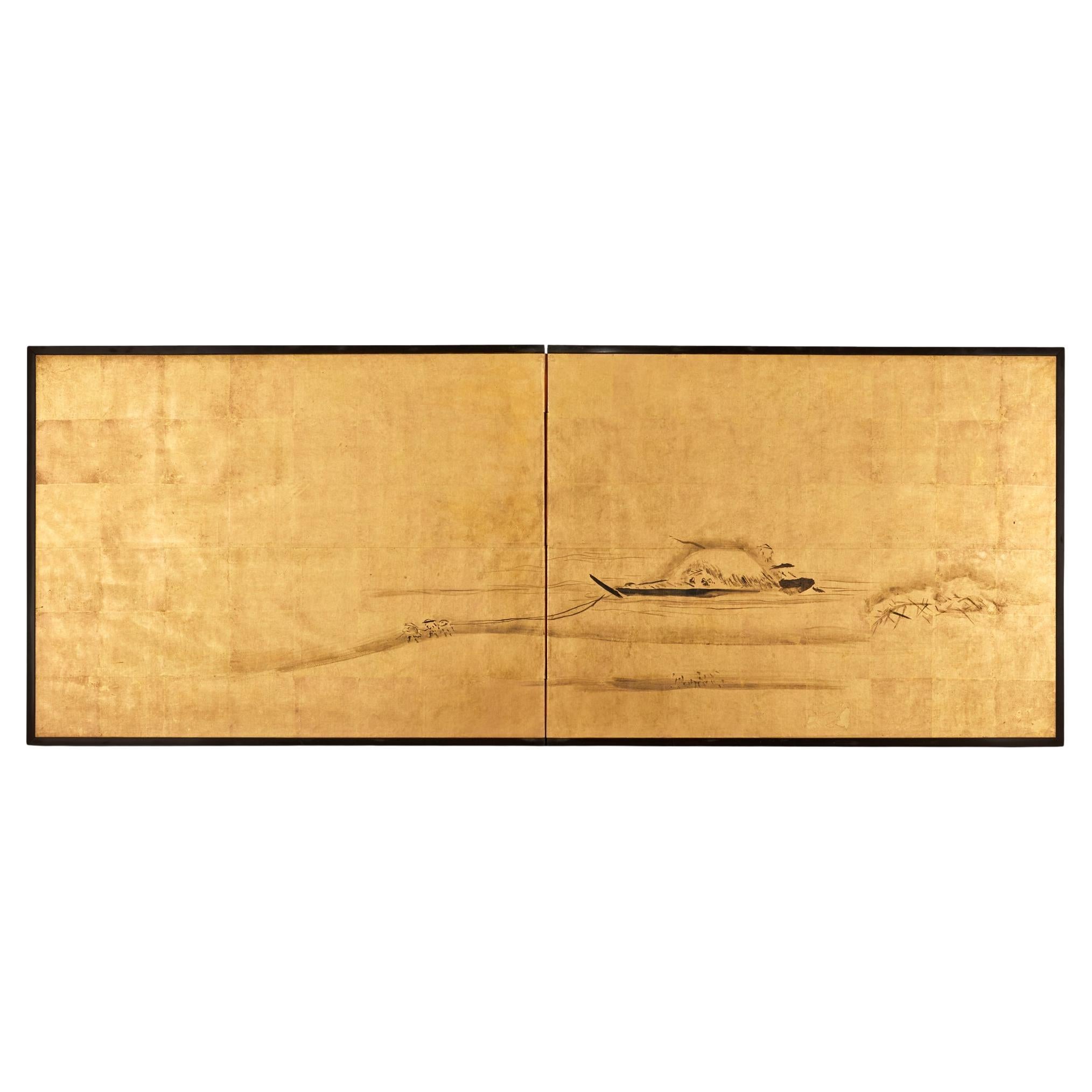 Japanischer Zwei-Panel-Bildschirm: Fischen auf dem Flachland