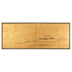 Antique Japanese Two Panel Screen: Fishing on the Flats