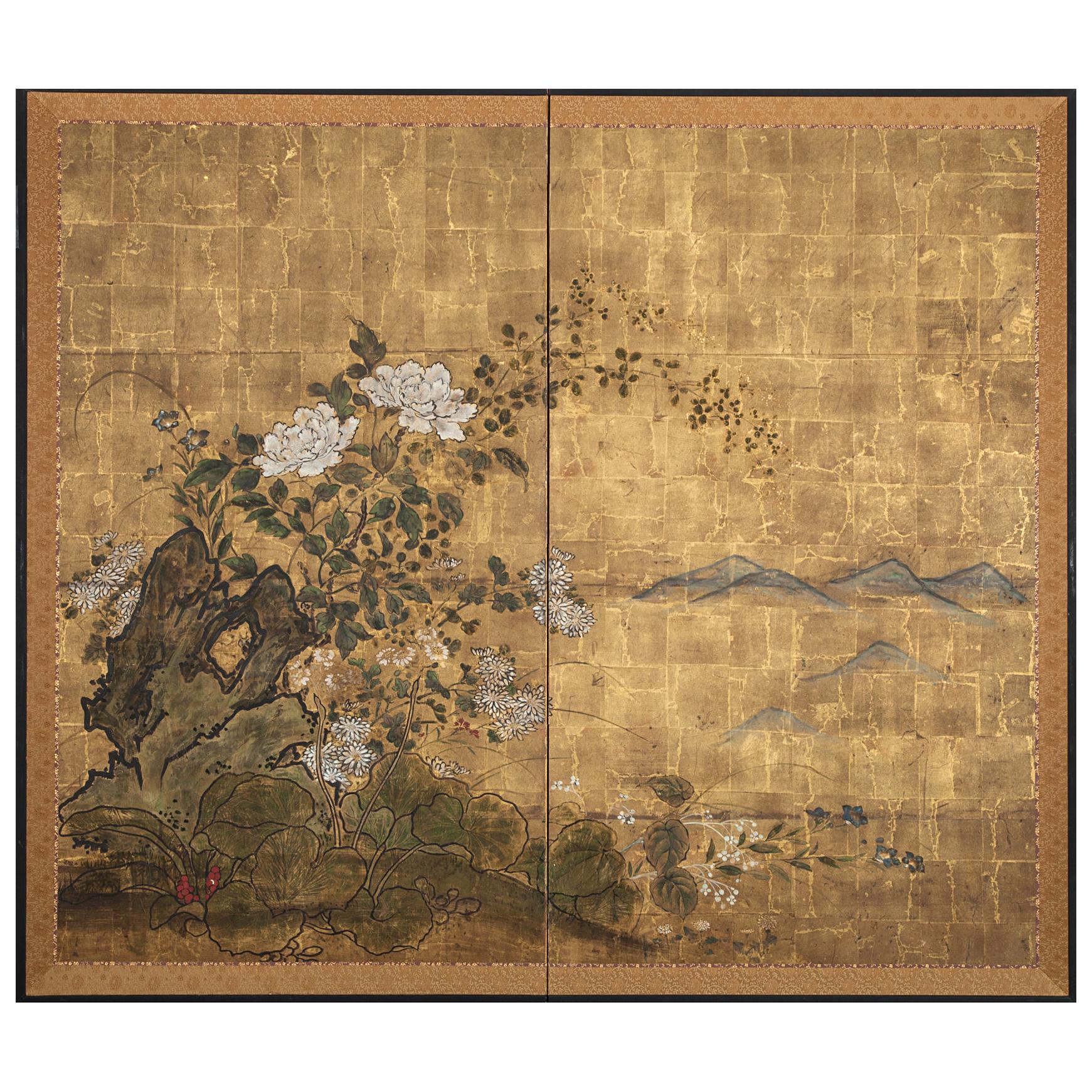 Japanese Two-Panel Screen, Floral Garden on Gold For Sale