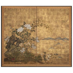 Paravento giapponese a due pannelli, giardino floreale su oro