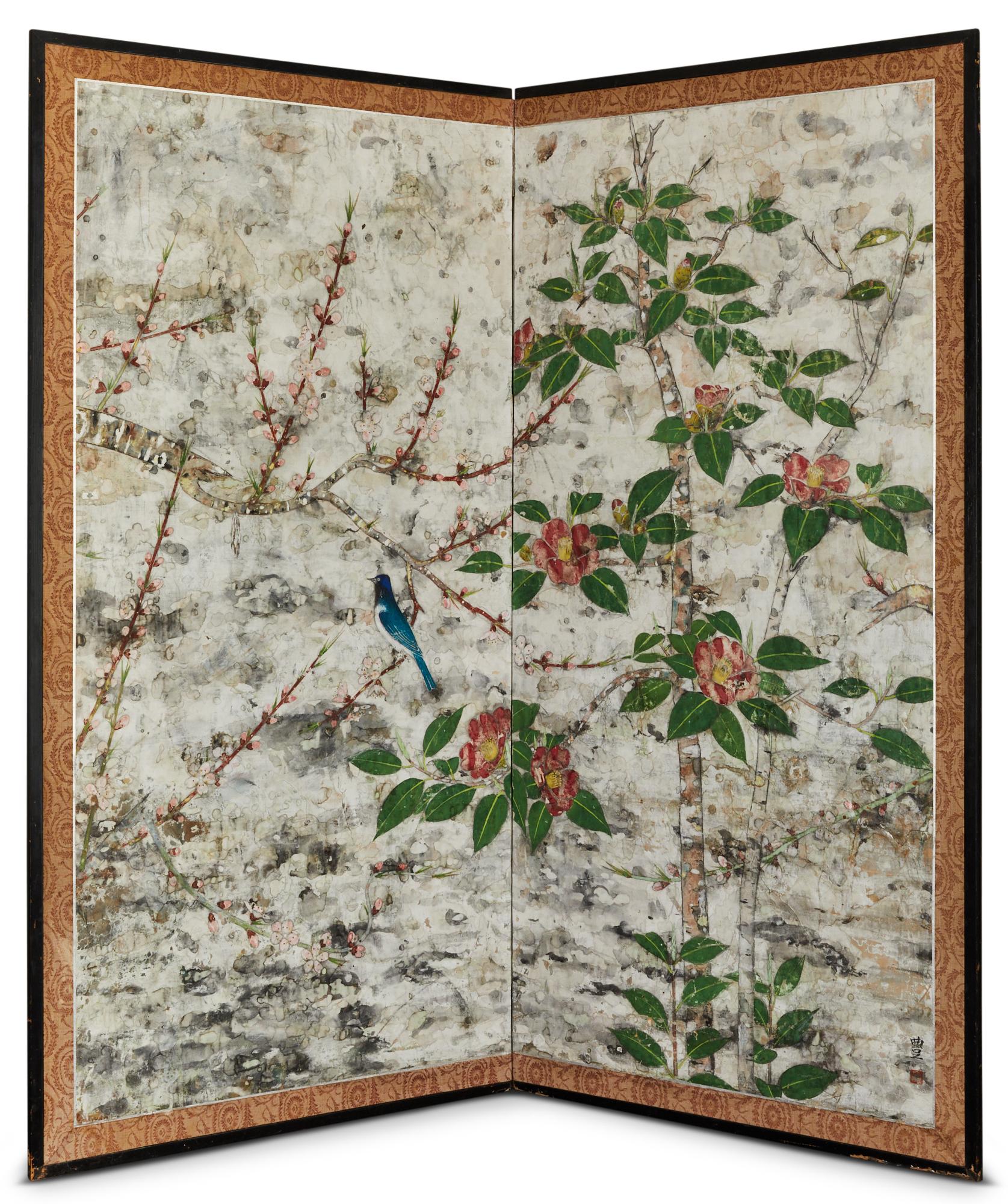 Japanese Two Panel Screen: Floral Tarashikomi For Sale 5