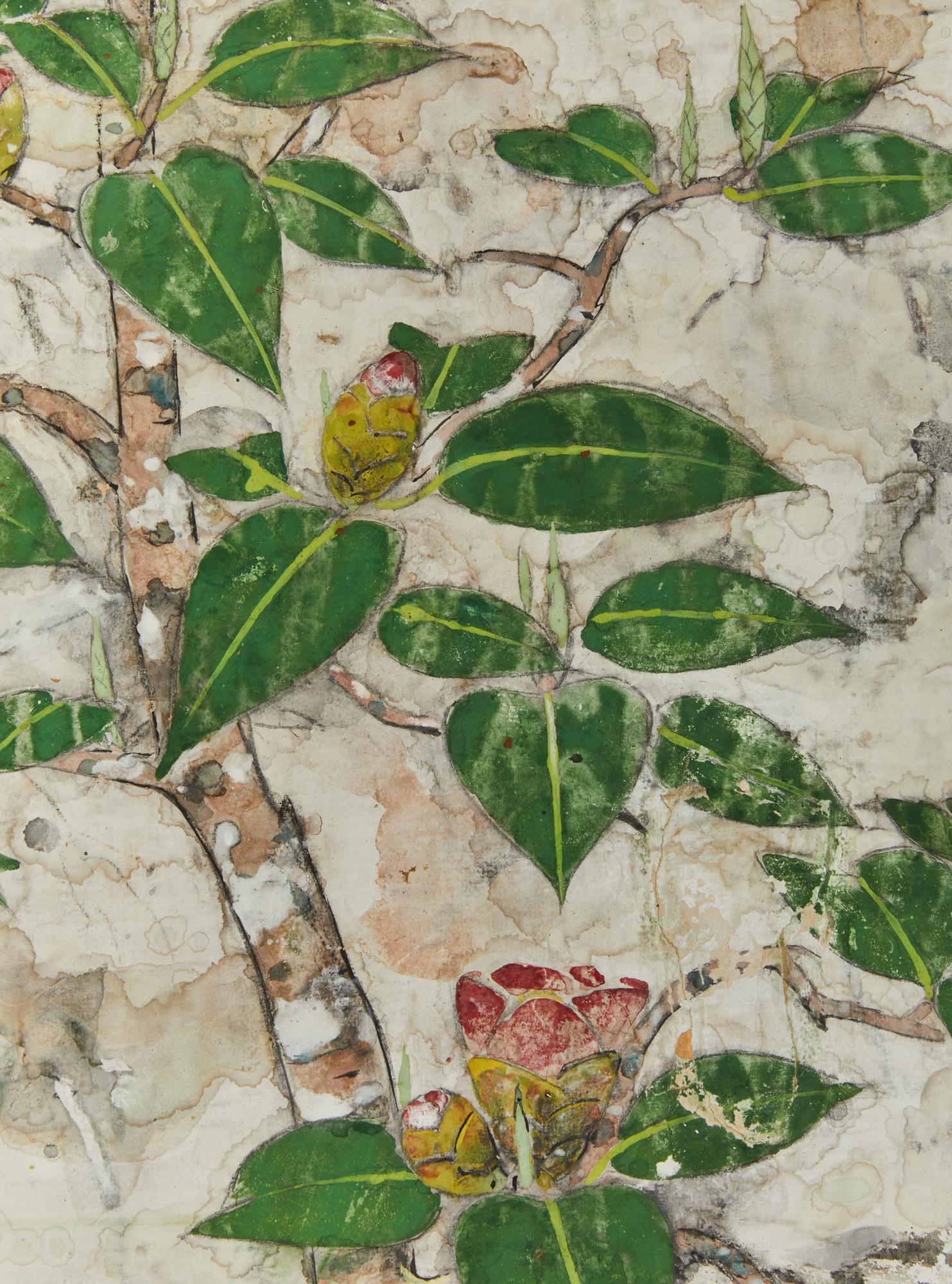 An unusual floral screen covered entirely in the tarashikomi technique of the famed Rimpa School creating an archaic feel. Mineral pigments and ink on silver with a silk brocade border and wooden trim. Tarashikomi (meaning 