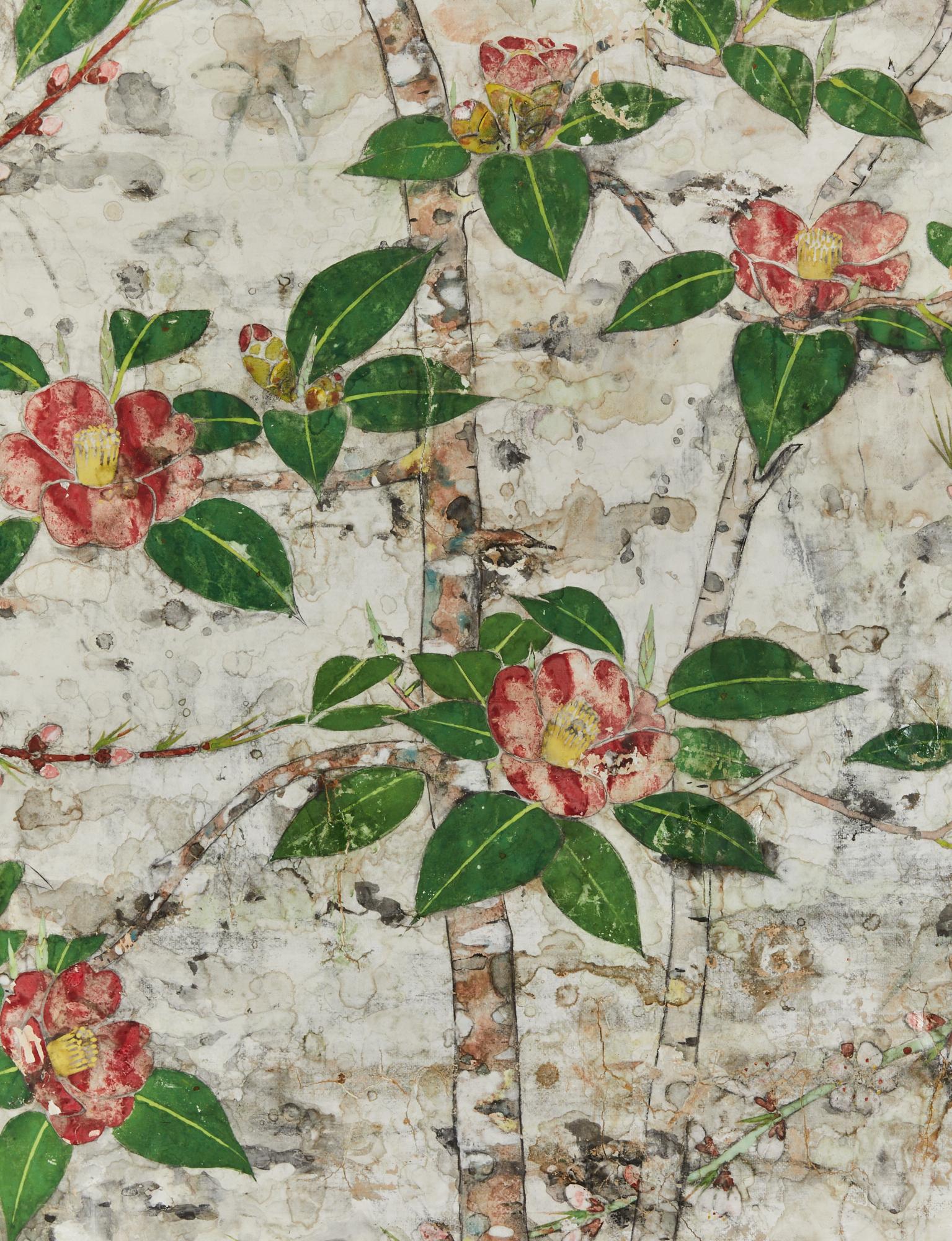 19th Century Japanese Two Panel Screen: Floral Tarashikomi For Sale