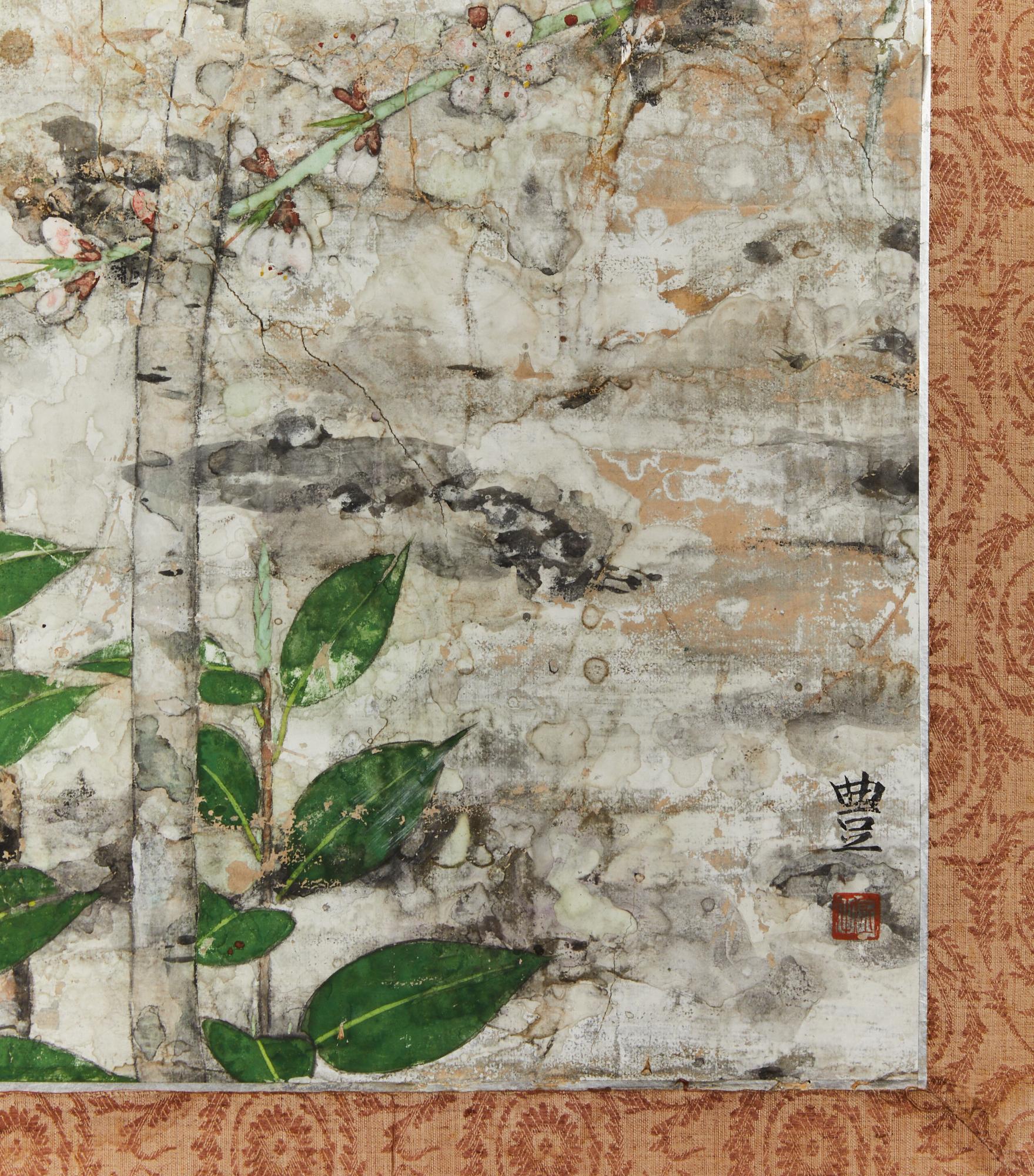 Japanese Two Panel Screen: Floral Tarashikomi For Sale 1