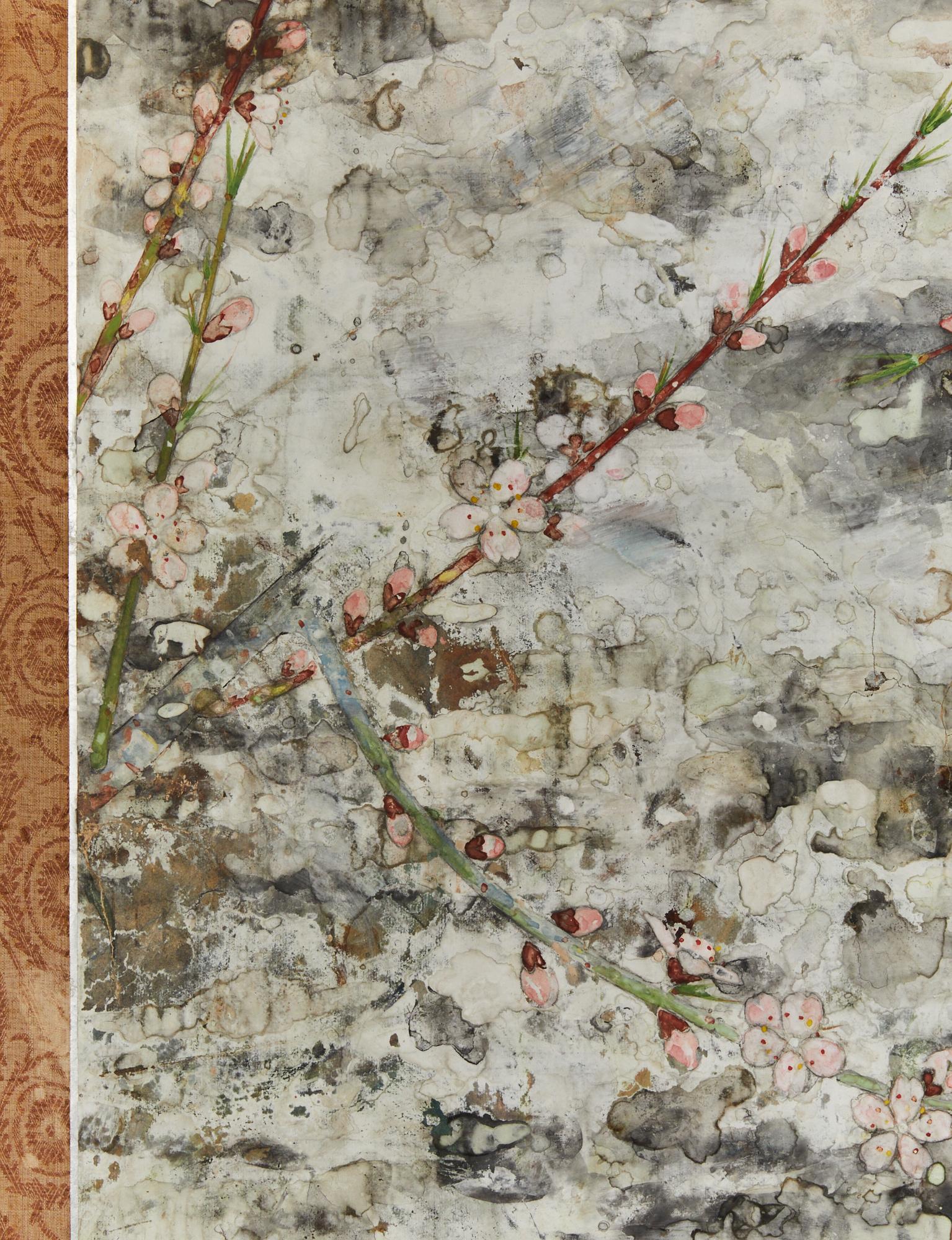 Japanese Two Panel Screen: Floral Tarashikomi For Sale 2
