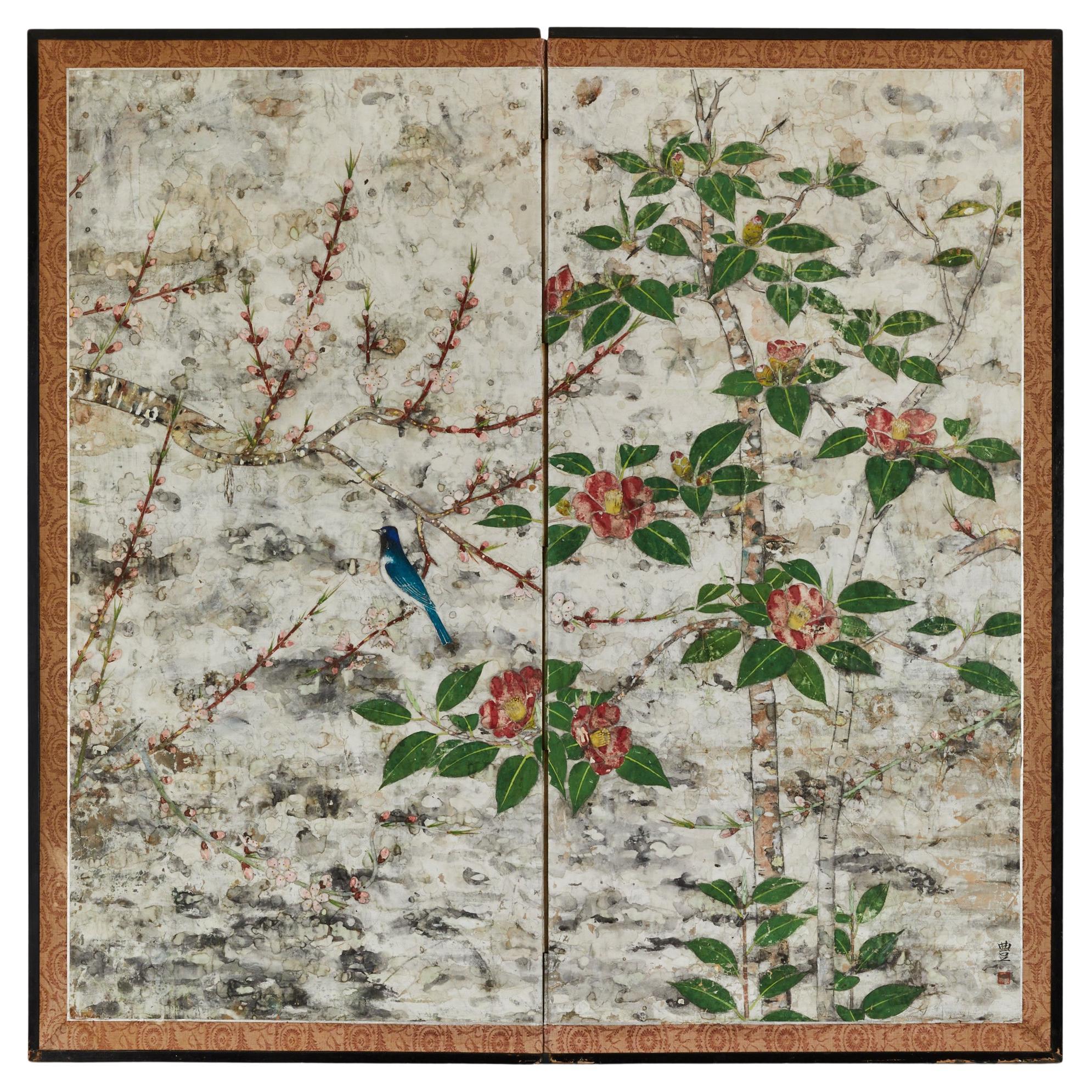 Biombo Japonés de Dos Paneles: Tarashikomi Floral