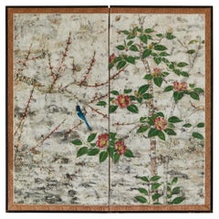 Japanese Two Panel Screen: Floral Tarashikomi