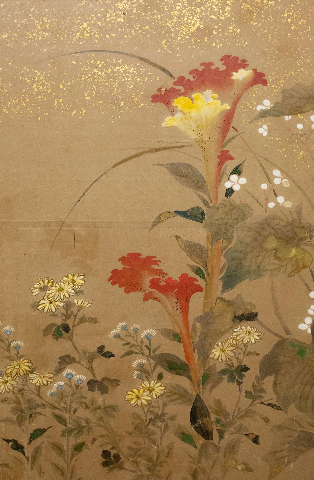 18th Century Japanese Two-Panel Screen, Flower Garden For Sale