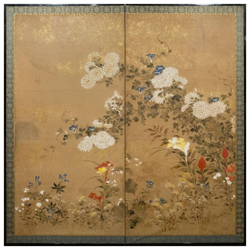 Japanese Two-Panel Screen, Flower Garden