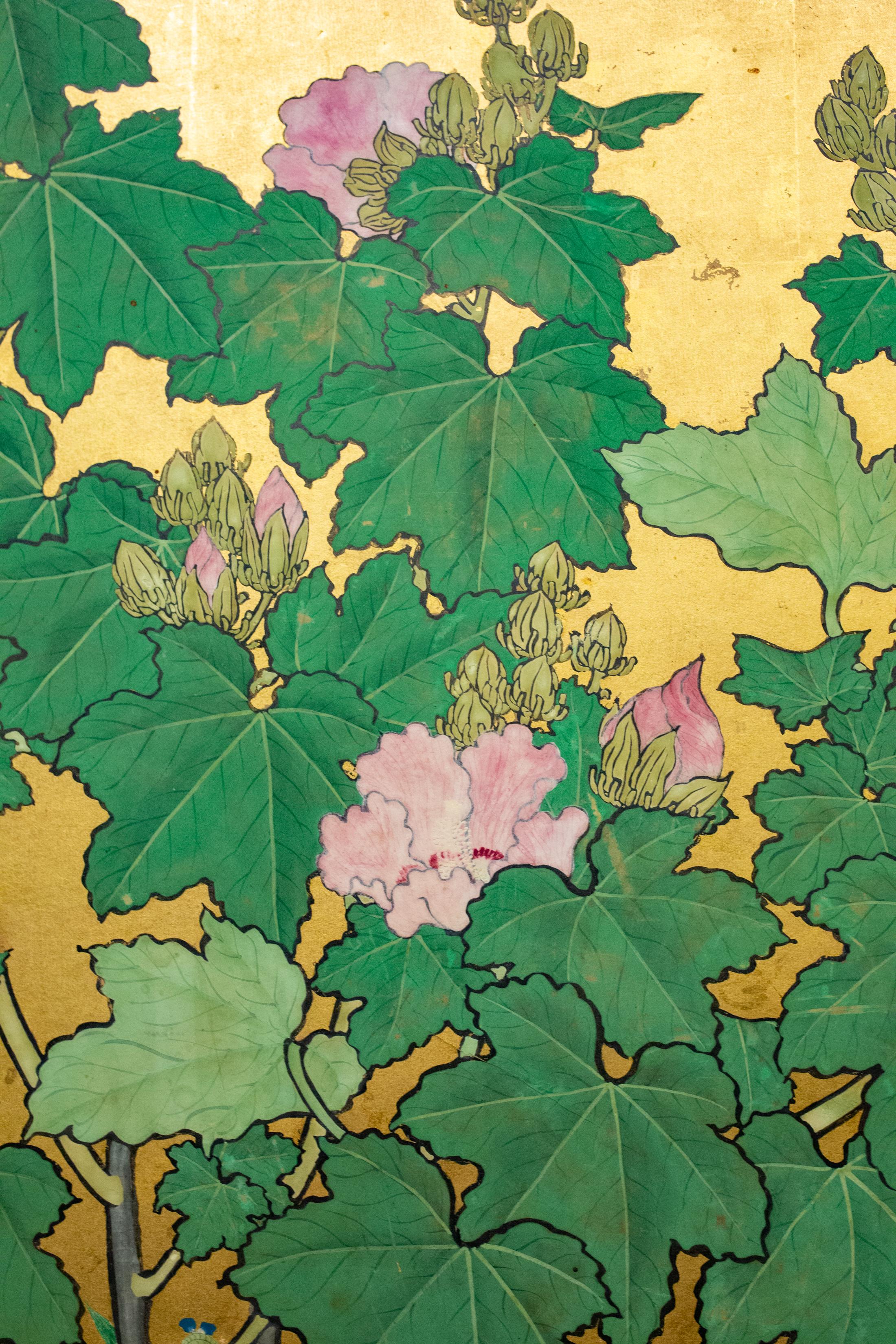 Edo period (early 19th century) of white and pink hollyhocks in bloom. This flower is often referenced in Japanese culture, most notably the hollyhock makes up the family crest of the Tokugawa clan, the last shogunate of Japan. Signature reads: