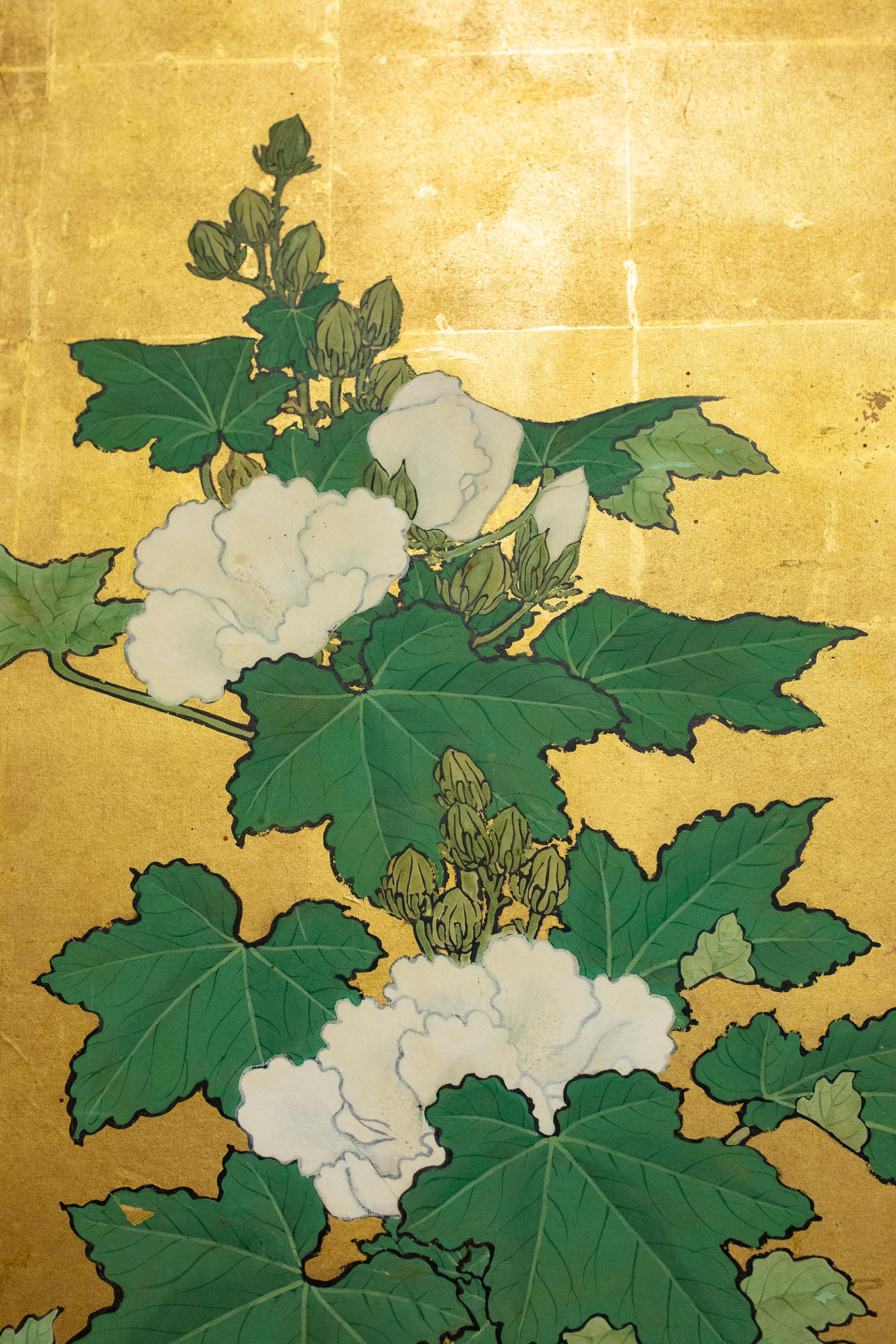 Japanese Two-Panel Screen, Hollyhocks In Good Condition In Hudson, NY