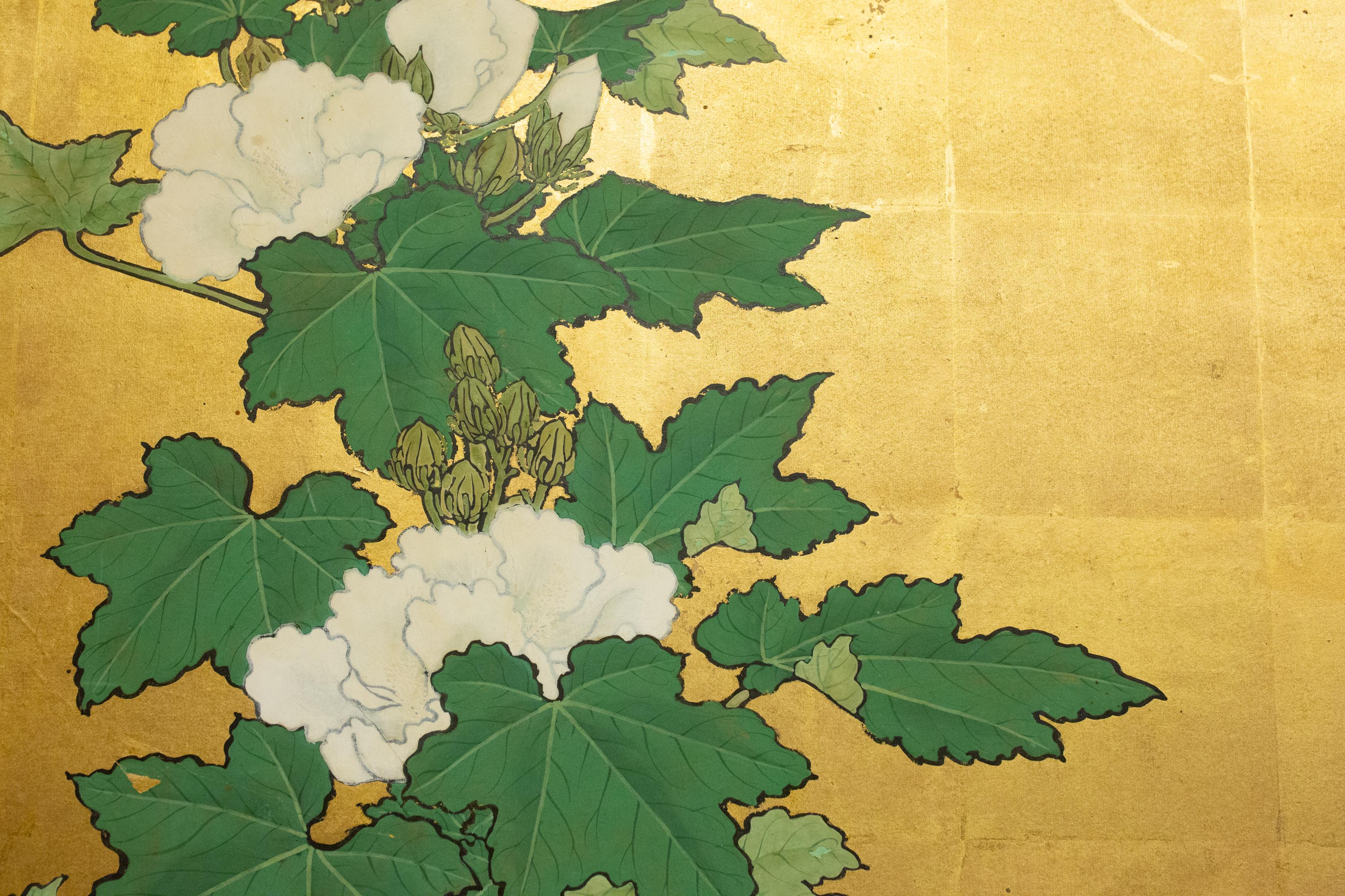 19th Century Japanese Two-Panel Screen, Hollyhocks