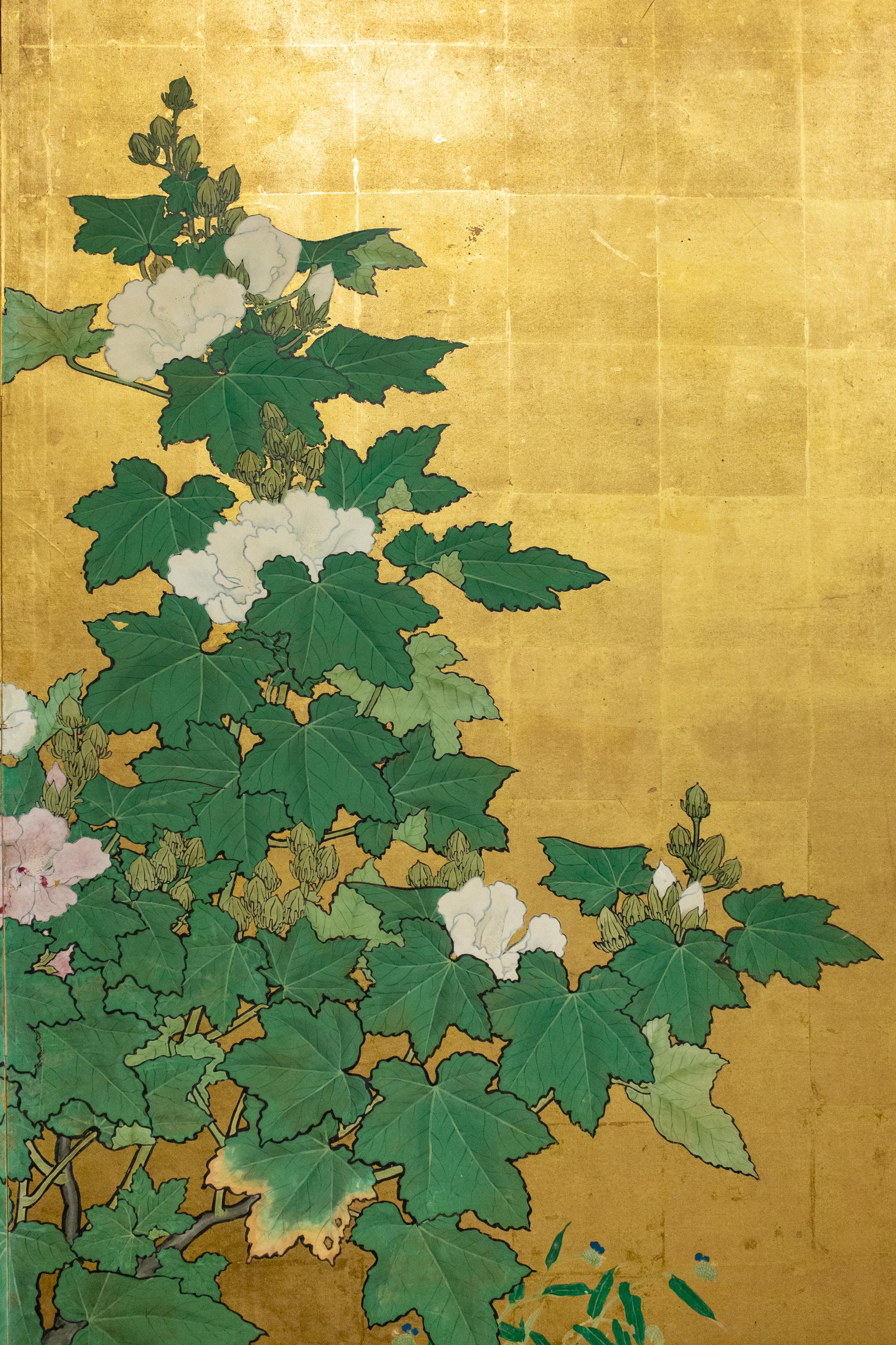 Gold Leaf Japanese Two-Panel Screen, Hollyhocks