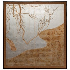Japanese Two-Panel Screen "Flowering Tree by Edge of a Stream"