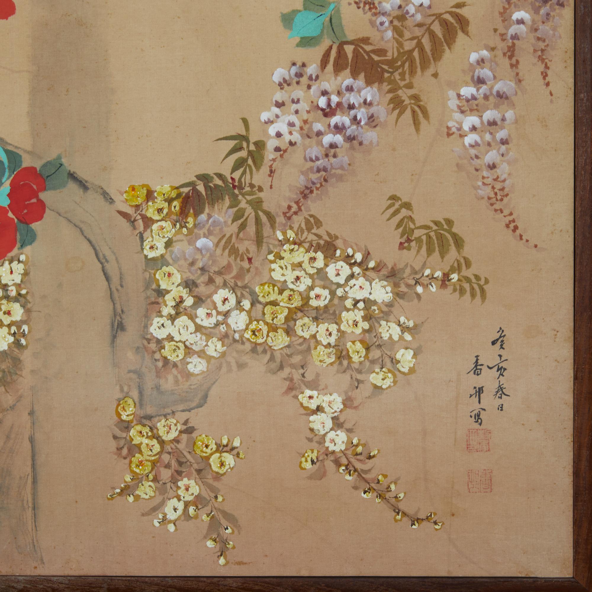 Wisteria represents sentiments of love and longevity as vibrant floral colors dance dramatically amongst the two panels.  Mineral pigments on Mulberry paper with a natural wood trim. Signature reads: Koho Ga, Mizinoto i (zodiac year)  1912.   