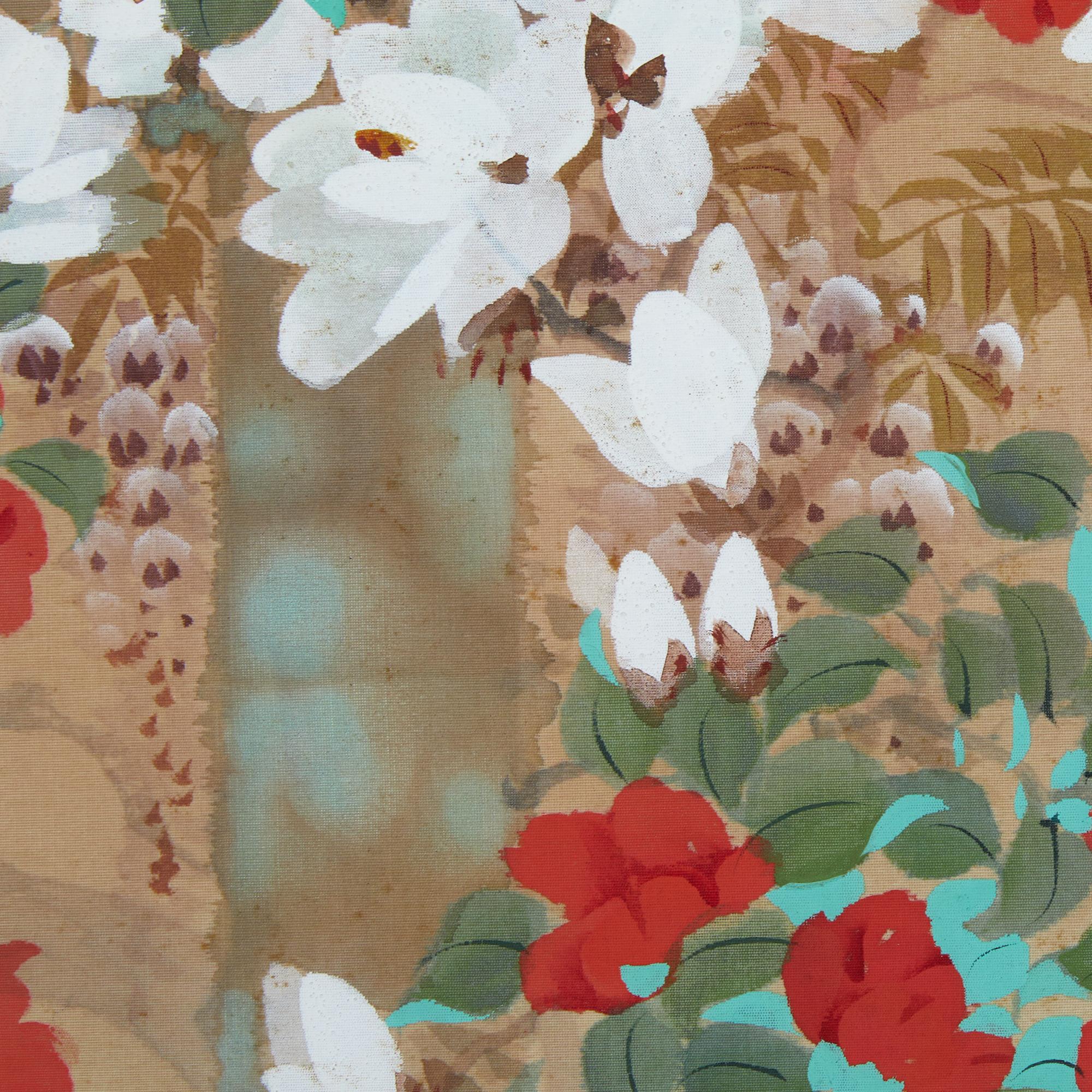 Bois Paravent japonais à deux panneaux : vignes et glycines en fleurs en vente