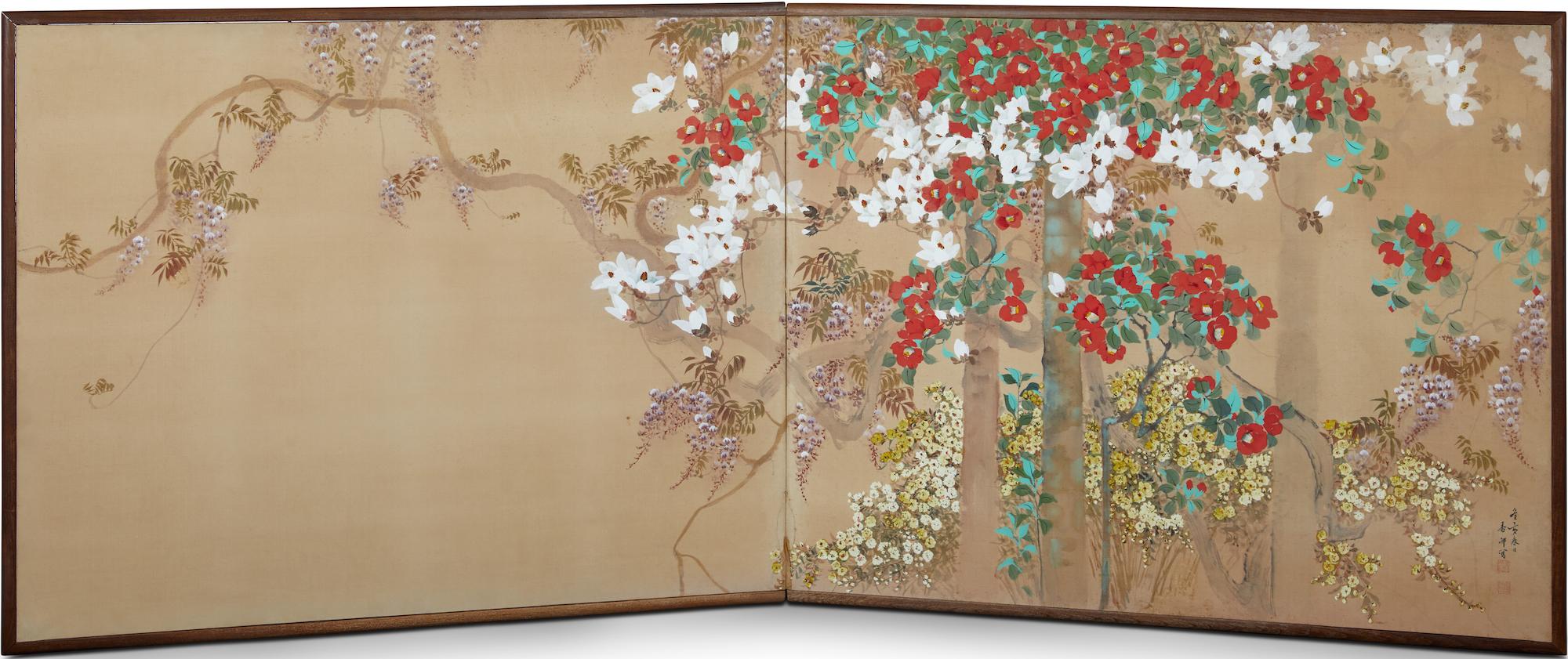 Japanese Two Panel Screen: Flowering Vines and Wisteria For Sale 3