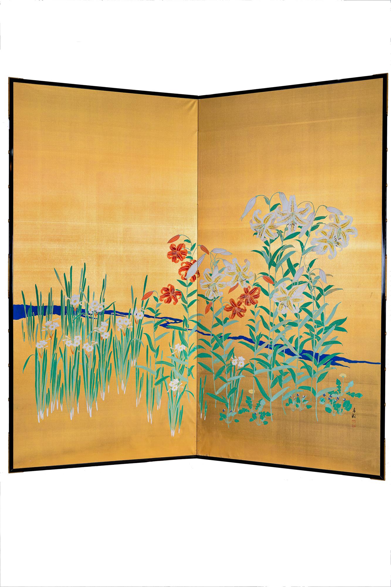 Japanischer japanischer Raumteiler mit zwei Tafeln: Blumen am Flussrand im Angebot 10