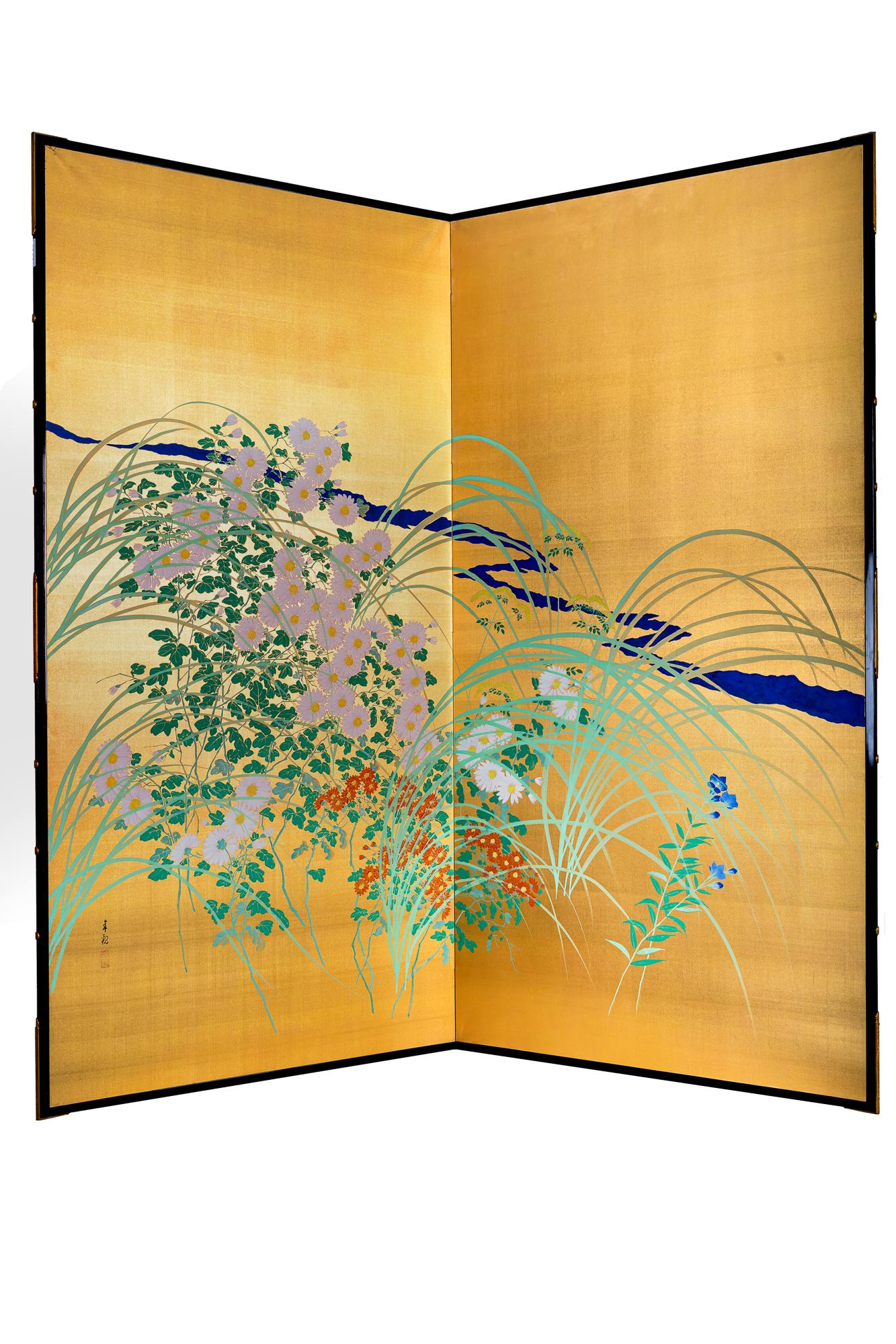 Japanese Two Panel Screen: Flowers by River's Edge For Sale 11