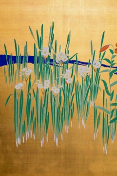 Japanischer japanischer Raumteiler mit zwei Tafeln: Blumen am Flussrand