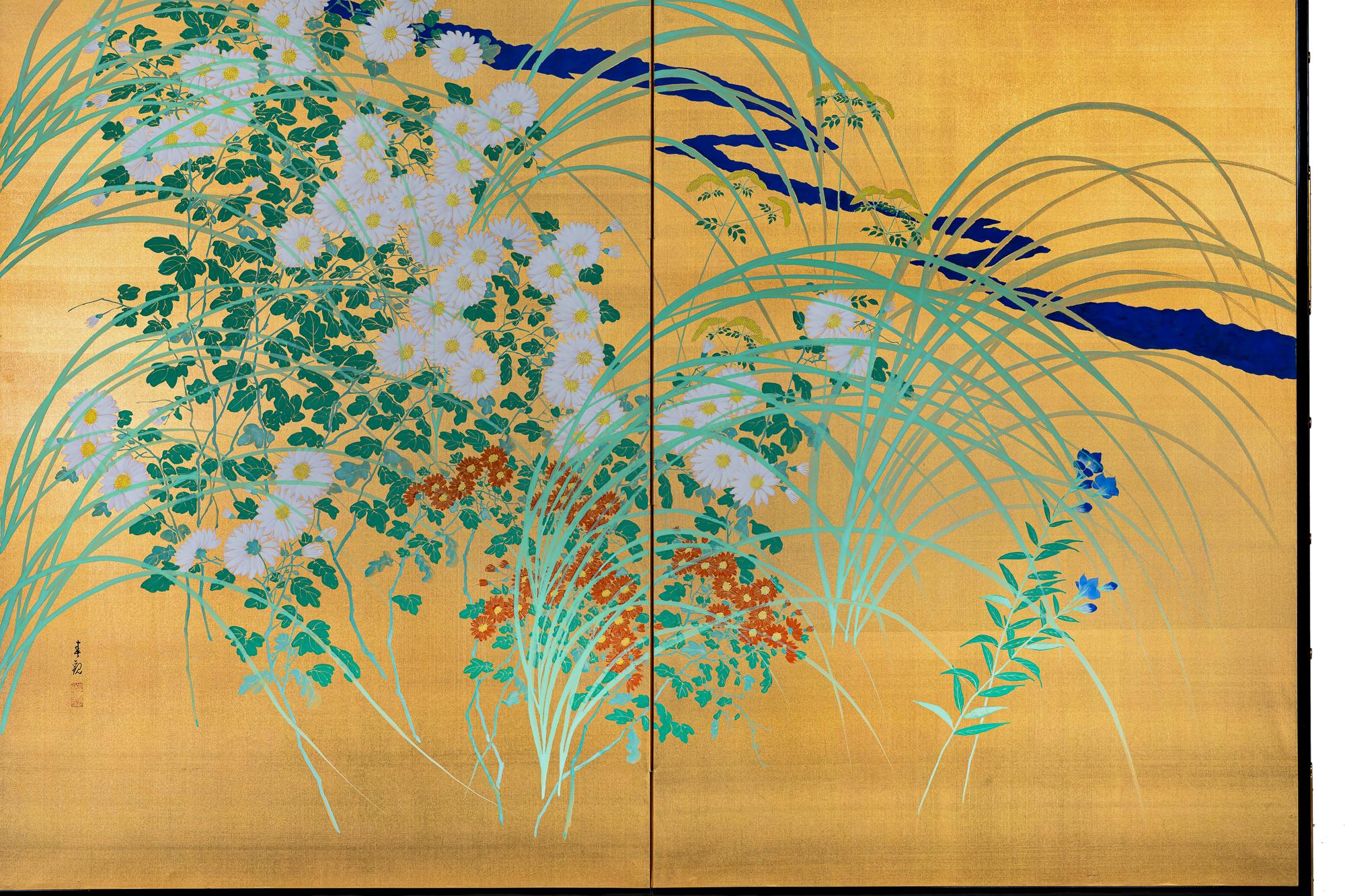 Mineral pigments on gilded silk with gilded bronze hardware. Signature reads: Shunkan.