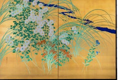 Japanese Two Panel Screen: Flowers by River's Edge