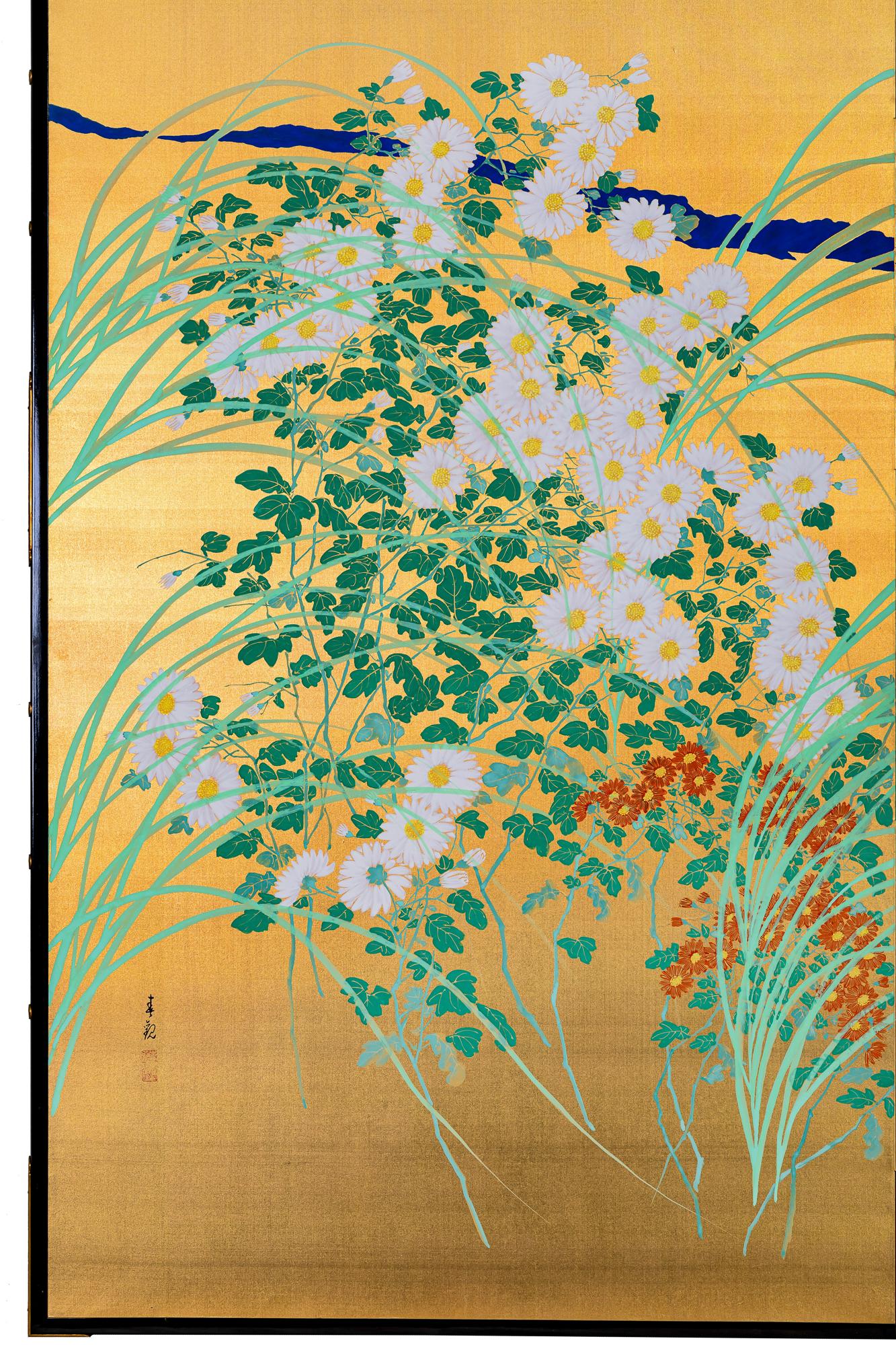 Japanese Two Panel Screen: Flowers by River's Edge In Good Condition For Sale In Hudson, NY