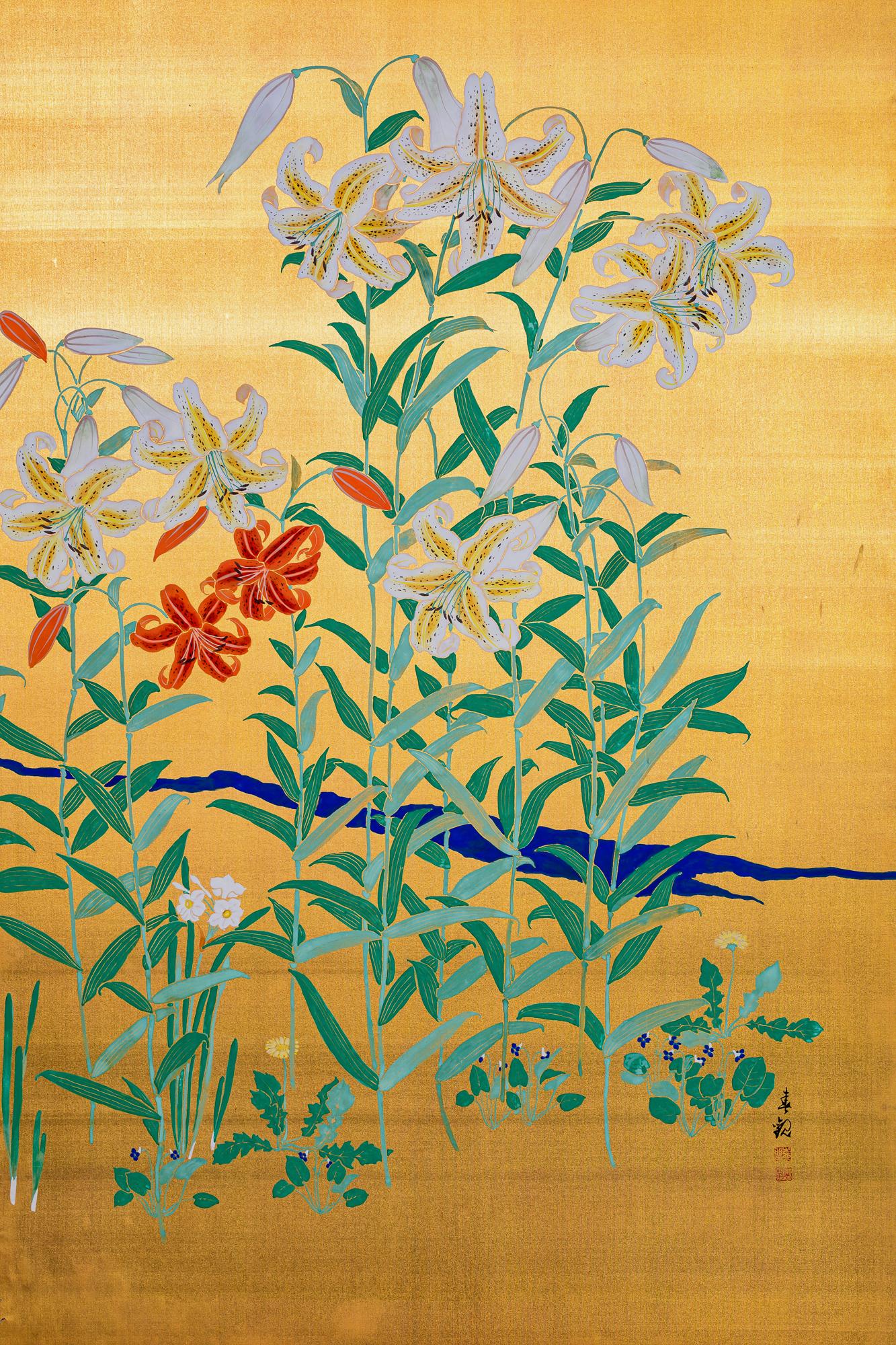 Japanischer japanischer Raumteiler mit zwei Tafeln: Blumen am Flussrand (Mitte des 20. Jahrhunderts) im Angebot