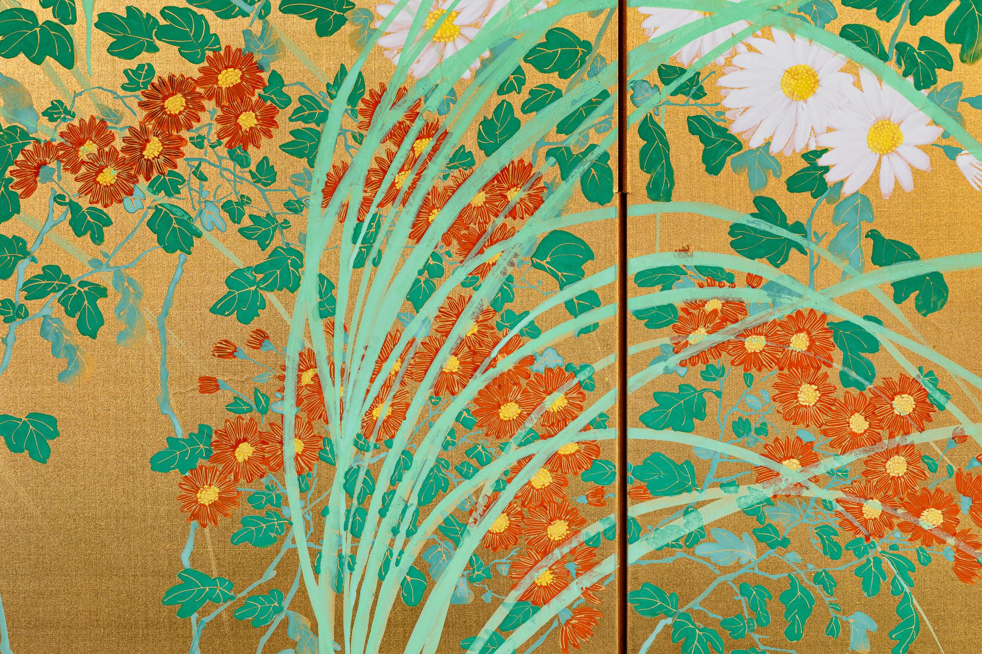Japanese Two Panel Screen: Flowers by River's Edge For Sale 1