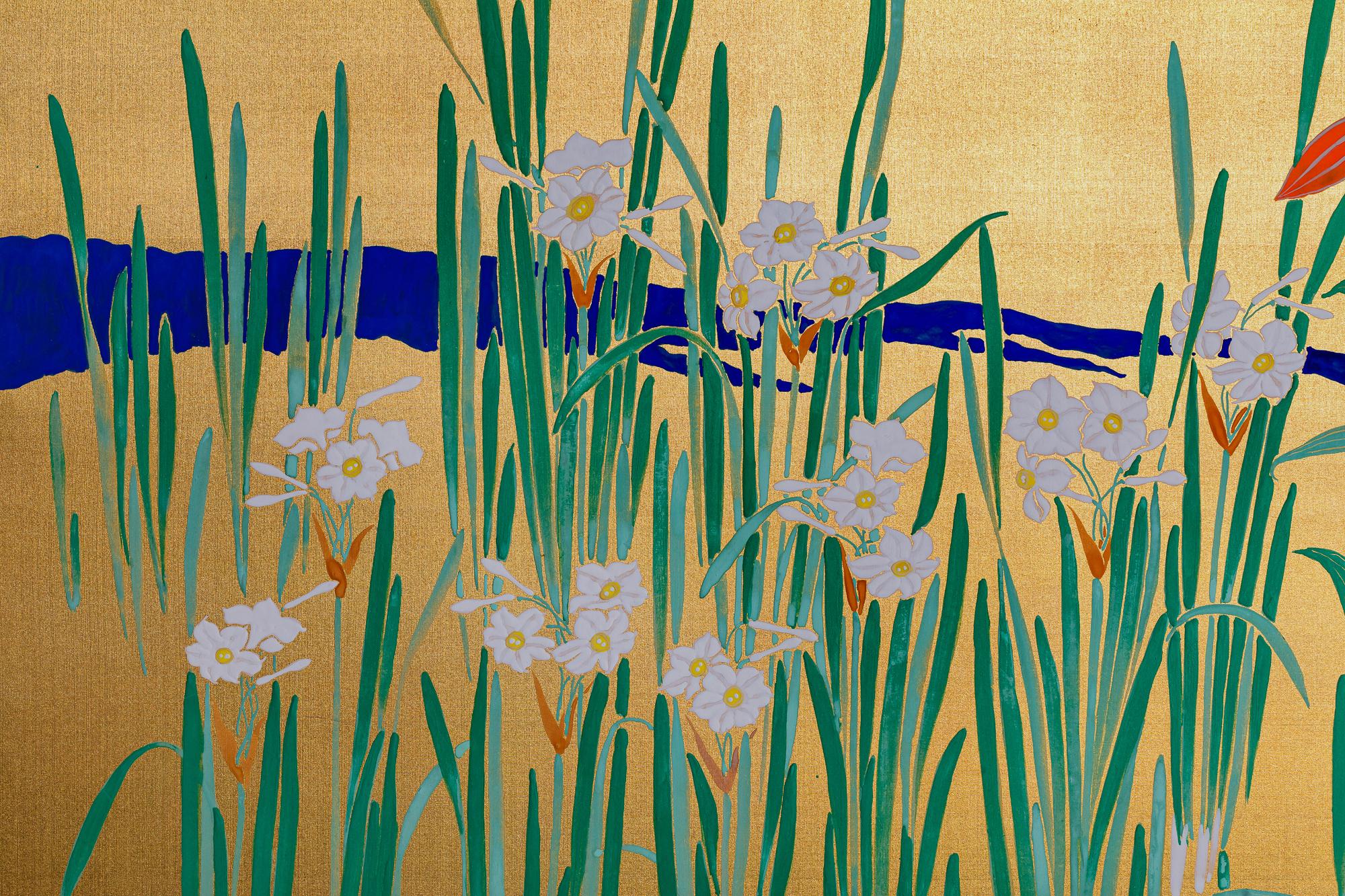 Mid-20th Century Japanese Two Panel Screen: Flowers by River's Edge For Sale