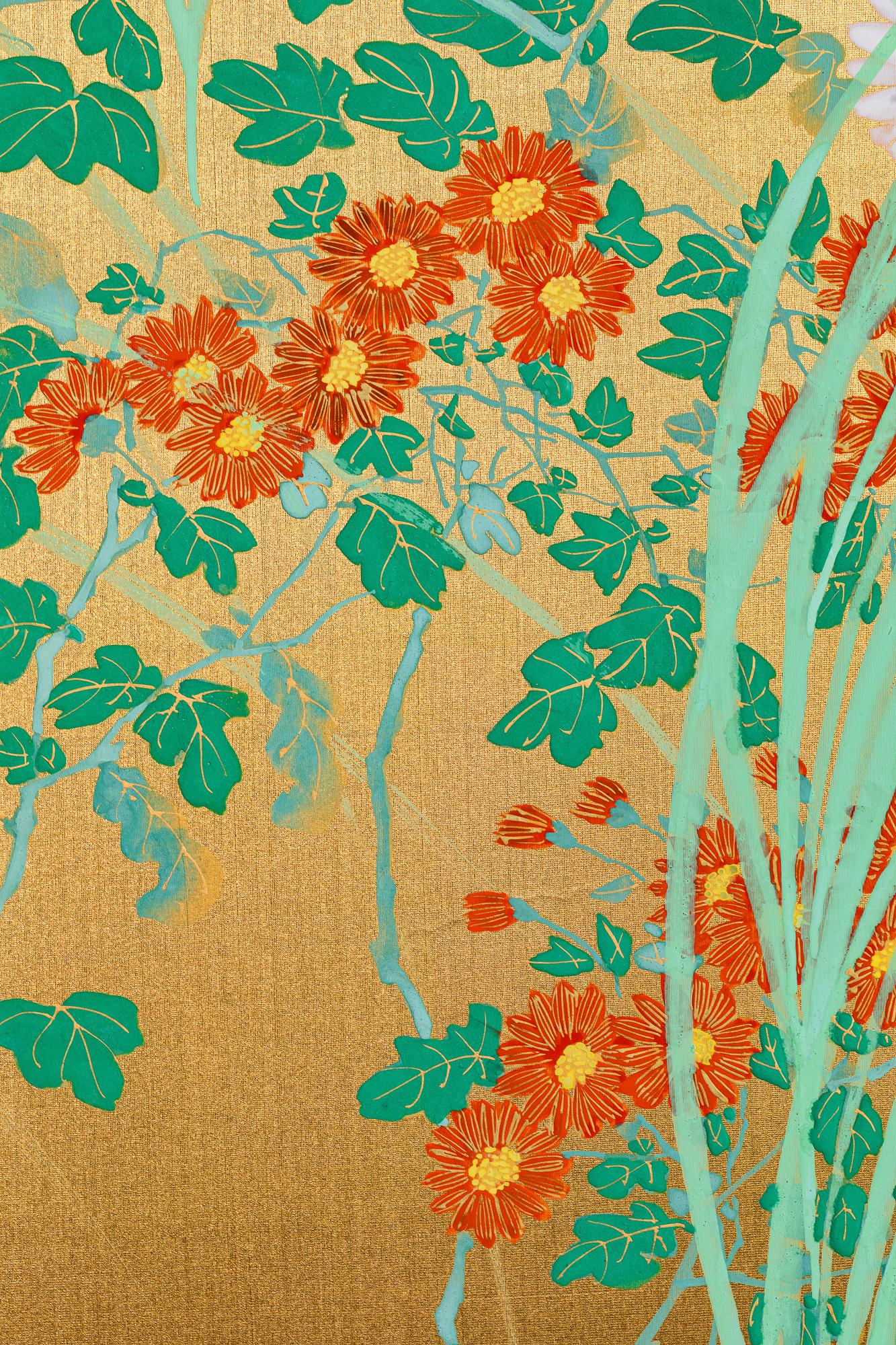 Japanese Two Panel Screen: Flowers by River's Edge For Sale 2