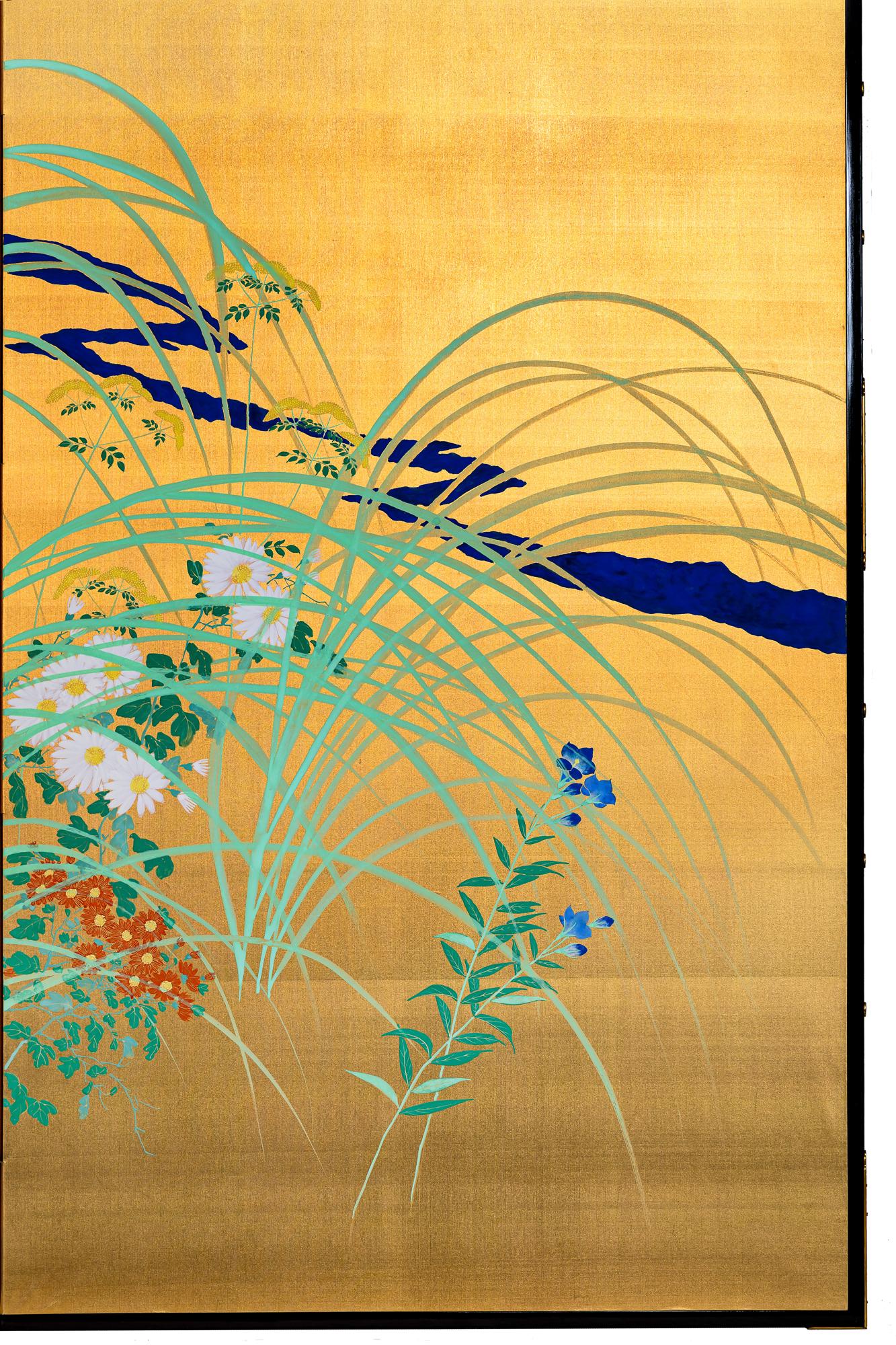 Japanese Two Panel Screen: Flowers by River's Edge For Sale 4