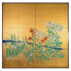 Japanese Two Panel Screen: Flowers by River's Edge